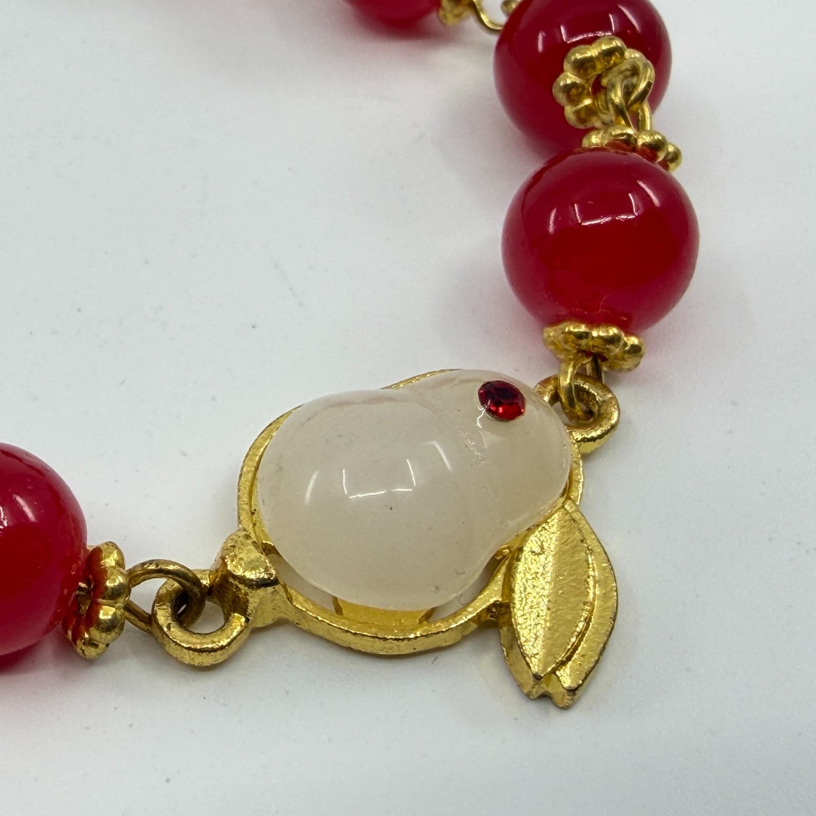 Red Agate Jade Carved Bunny Charm Bracelet Gold Tone Chinese New Year Gift - Thumbnail 3