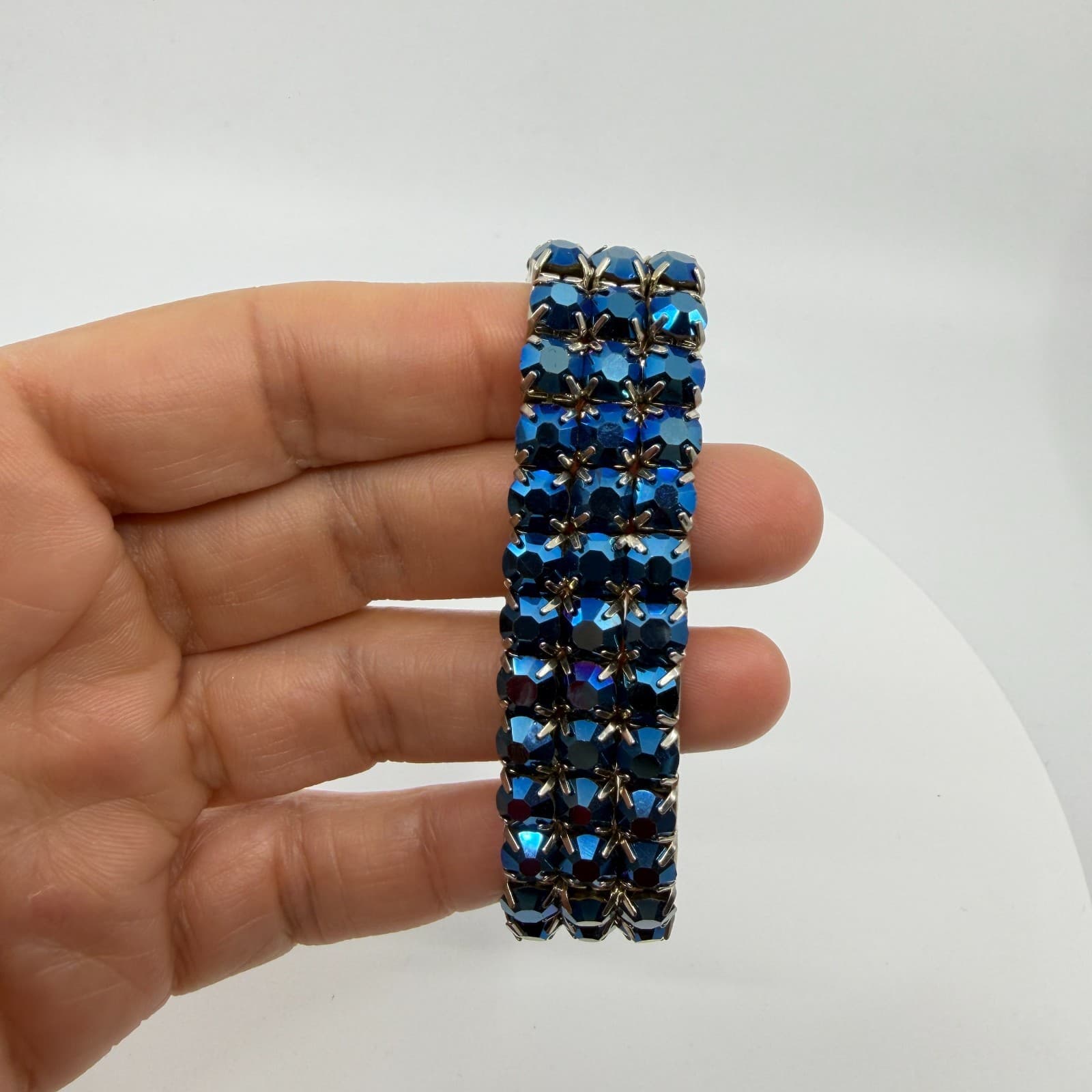 Gothic Blue Aurora Borealis Rhinestone Stretch Bracelet Chunky Statement Gift - Thumbnail 6