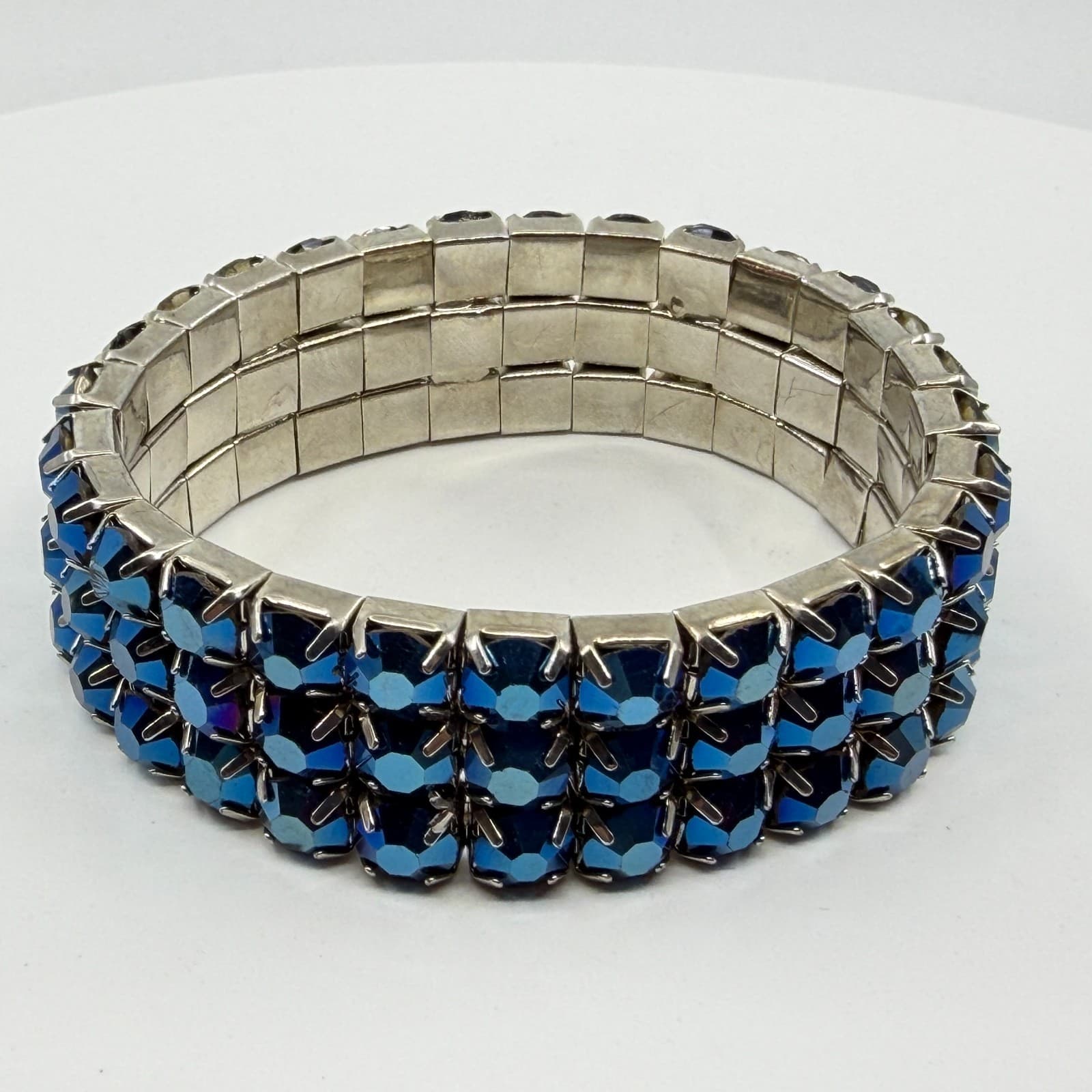 Gothic Blue Aurora Borealis Rhinestone Stretch Bracelet Chunky Statement Gift - Thumbnail 2