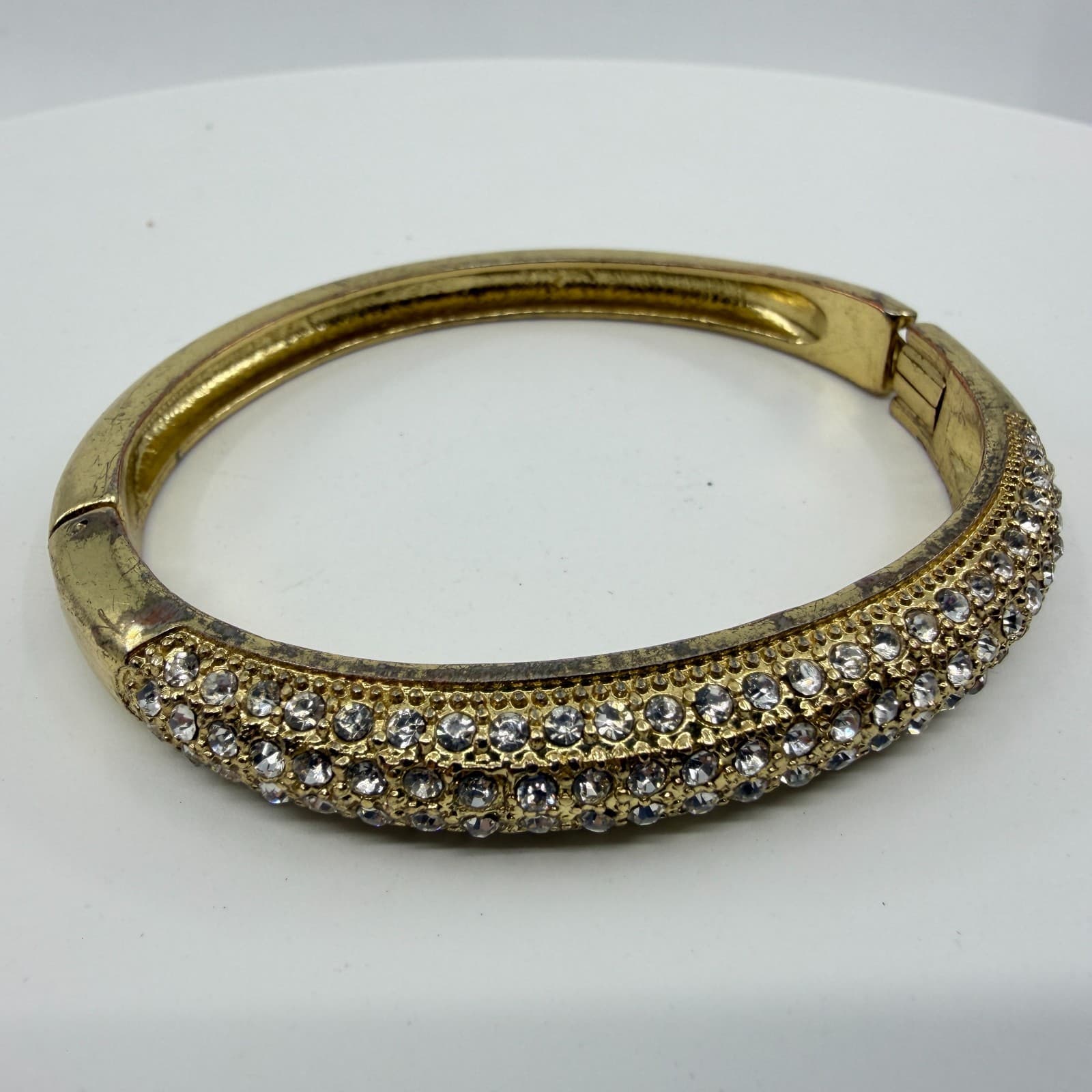 Chunky Gold Tone Rhinestone Pave Hinged Bangle Bracelet Crystal Statement Gift - Thumbnail 3