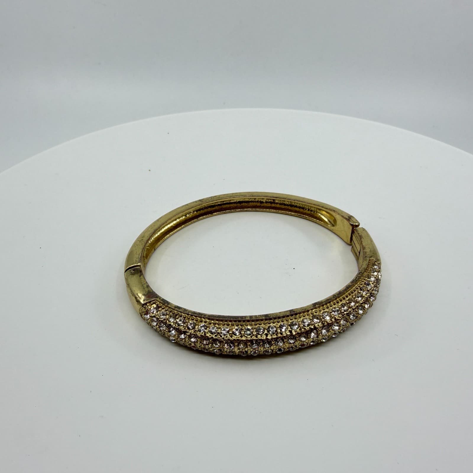 Chunky Gold Tone Rhinestone Pave Hinged Bangle Bracelet Crystal Statement Gift - Thumbnail 2