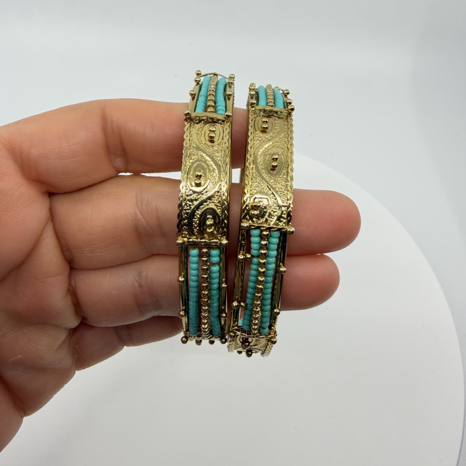 Ornate Gold Tone Filigree Bangle Bracelet Set with Teal Bead Detail Statement - Thumbnail 8
