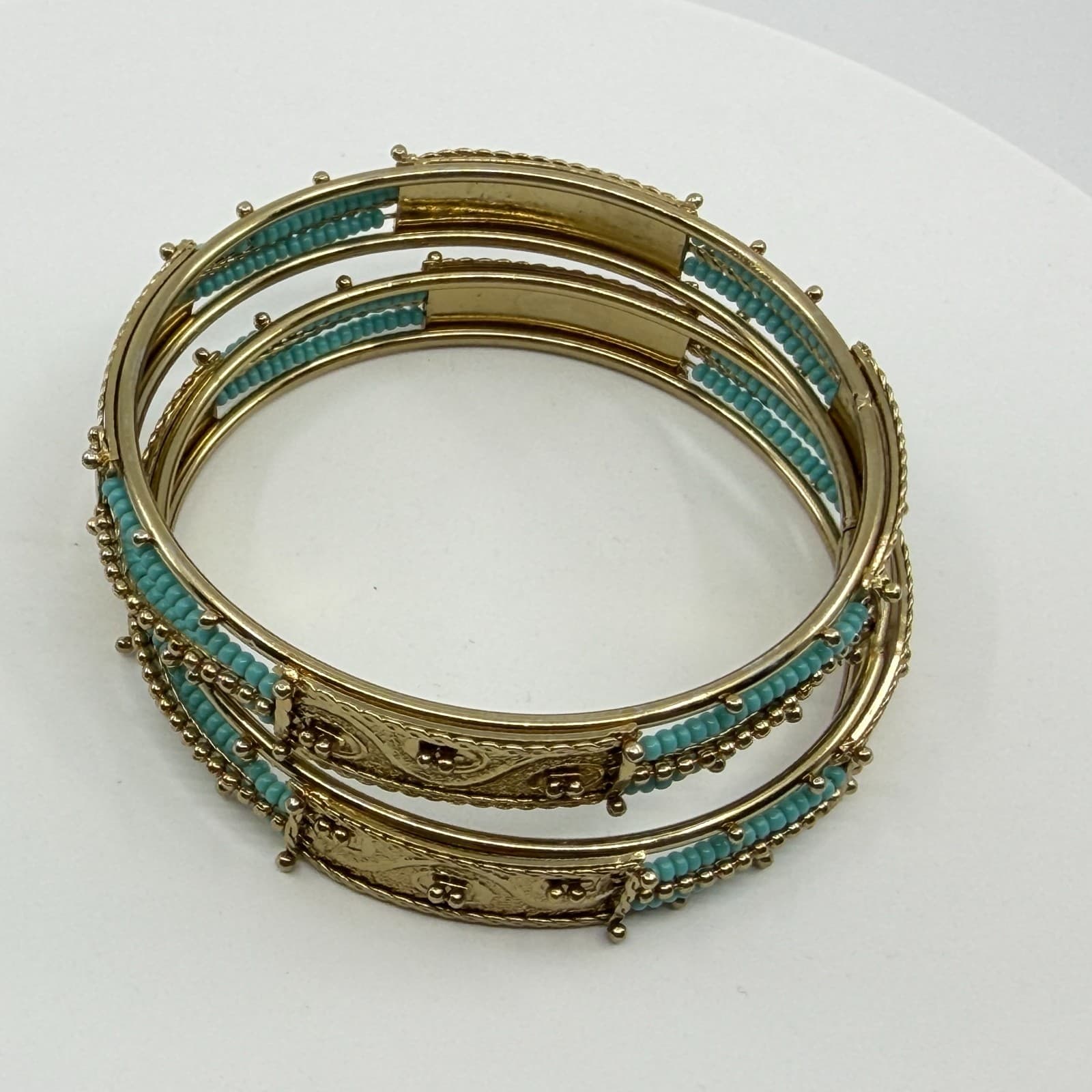 Ornate Gold Tone Filigree Bangle Bracelet Set with Teal Bead Detail Statement - Thumbnail 7