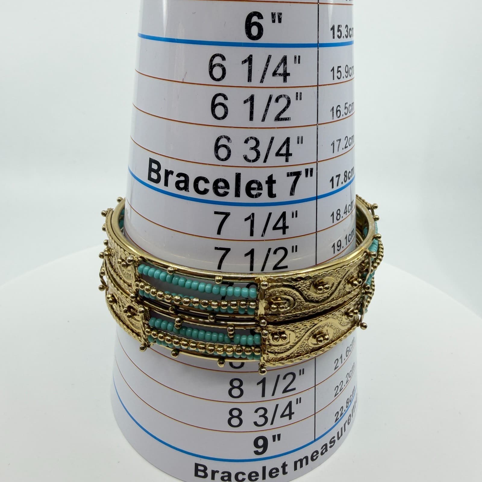 Ornate Gold Tone Filigree Bangle Bracelet Set with Teal Bead Detail Statement - Thumbnail 9