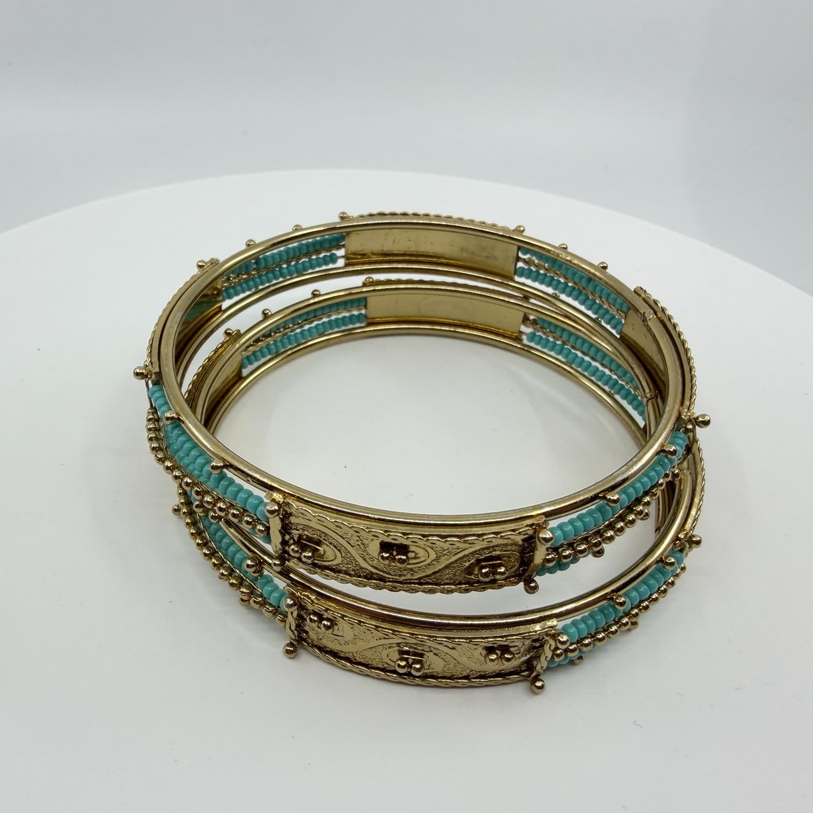Ornate Gold Tone Filigree Bangle Bracelet Set with Teal Bead Detail Statement - Thumbnail 2