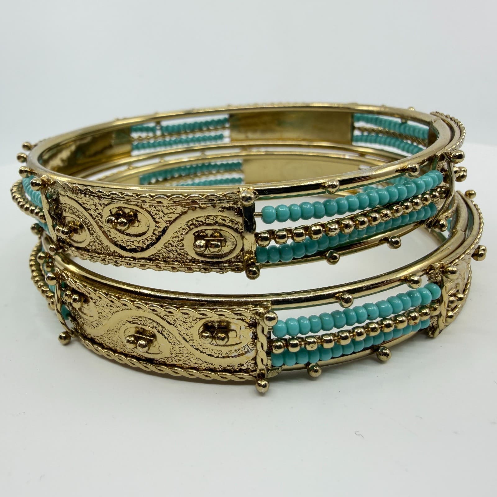 Ornate Gold Tone Filigree Bangle Bracelet Set with Teal Bead Detail Statement - Thumbnail 3
