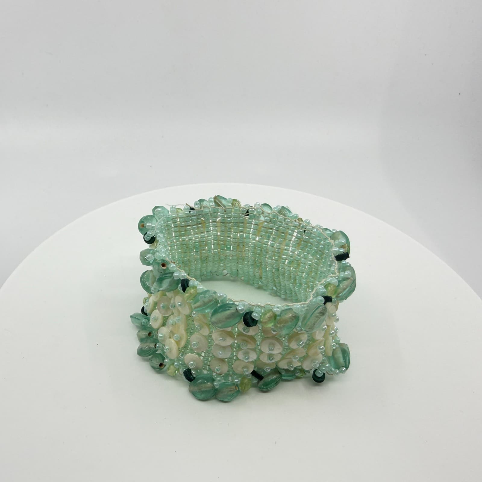 Wide Seafoam Green Beaded Cuff Bracelet with Shell Discs Statement Boho Style - Thumbnail 3