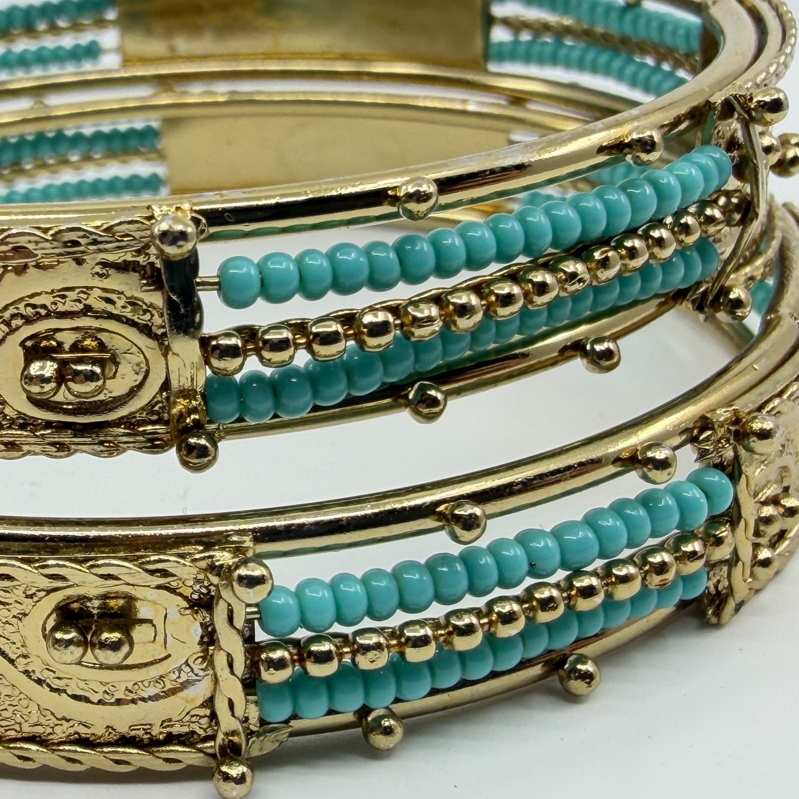 Ornate Gold Tone Filigree Bangle Bracelet Set with Teal Bead Detail Statement - Thumbnail 6