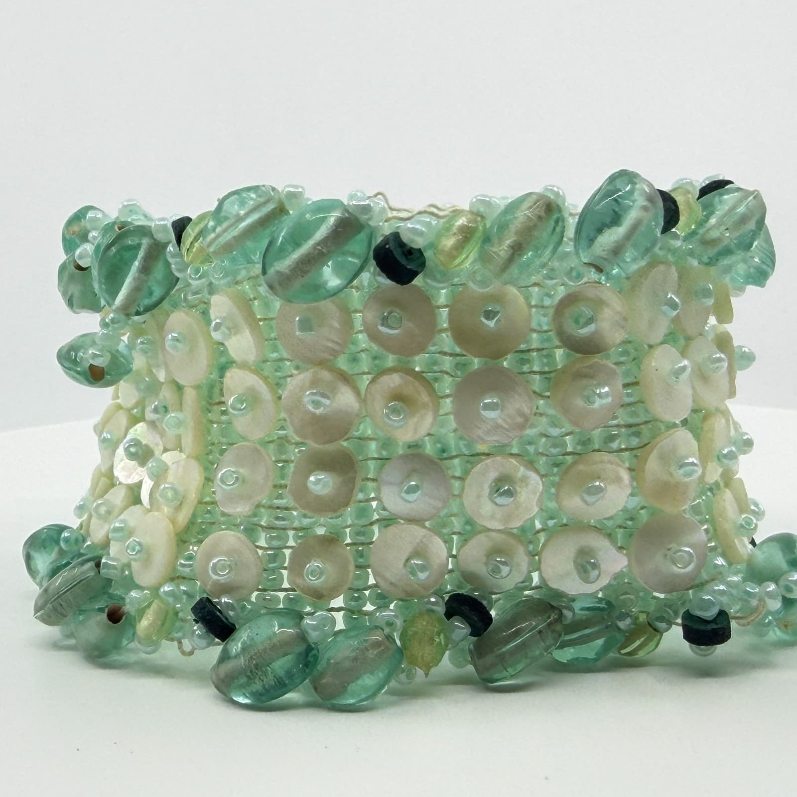 Wide Seafoam Green Beaded Cuff Bracelet with Shell Discs Statement Boho Style - Thumbnail 6
