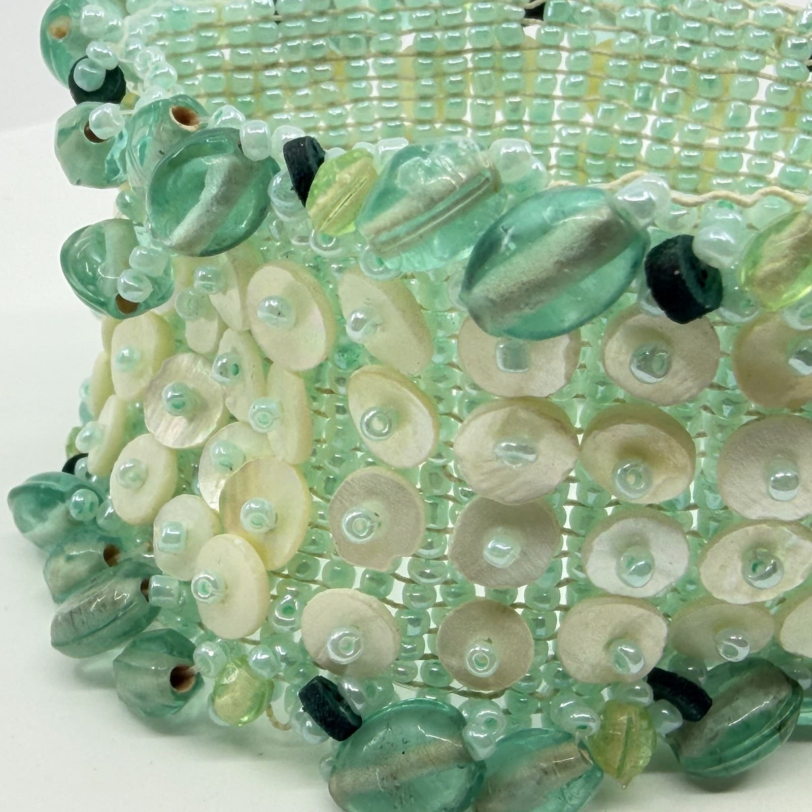 Wide Seafoam Green Beaded Cuff Bracelet with Shell Discs Statement Boho Style - Thumbnail 5