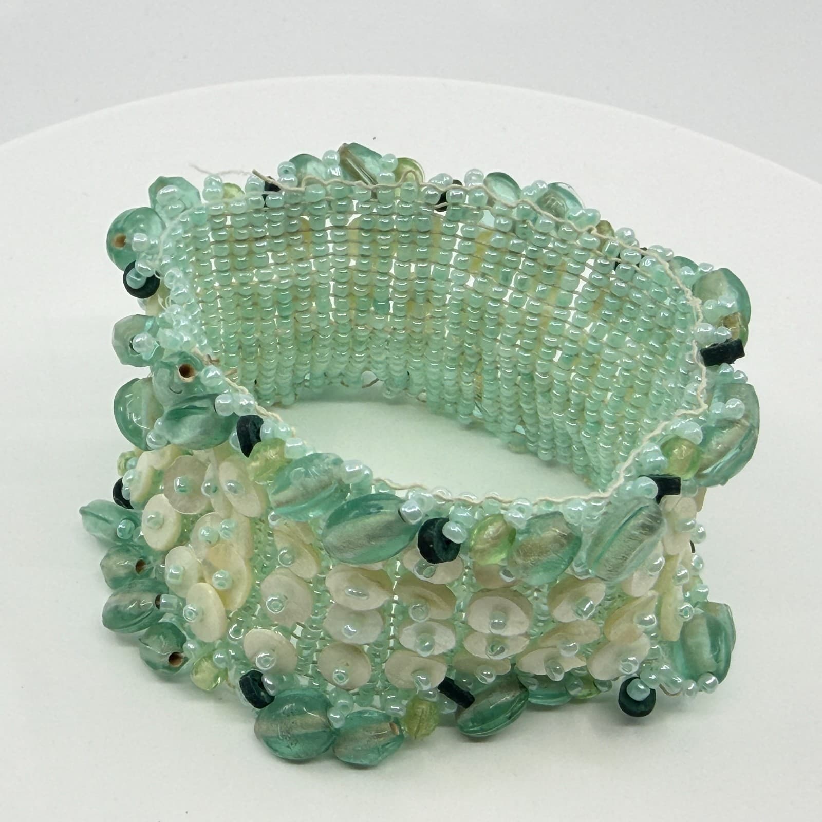 Wide Seafoam Green Beaded Cuff Bracelet with Shell Discs Statement Boho Style - Thumbnail 4