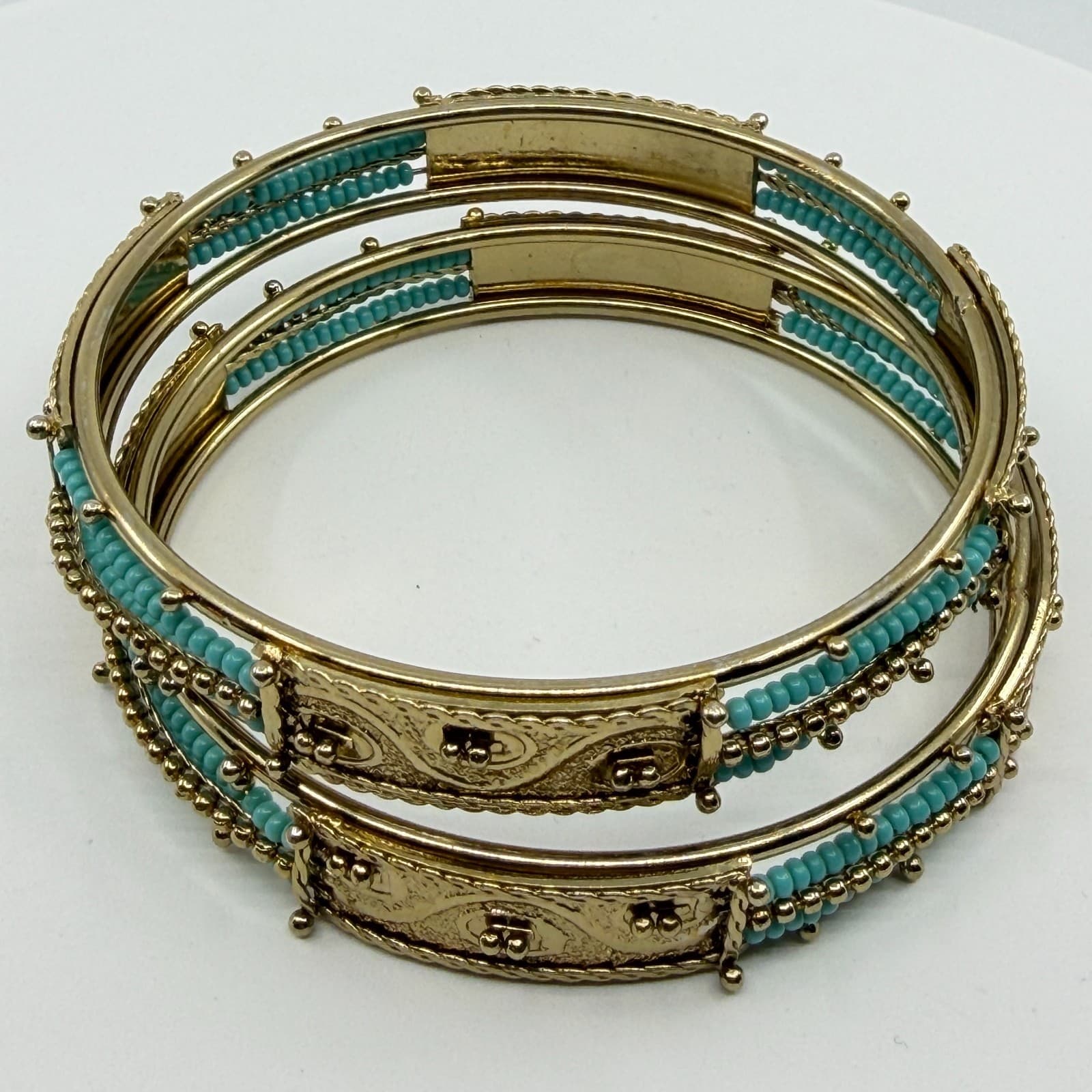 Ornate Gold Tone Filigree Bangle Bracelet Set with Teal Bead Detail Statement - Thumbnail 4