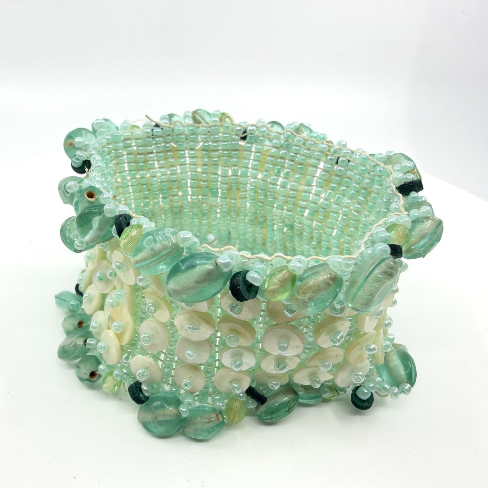 Wide Seafoam Green Beaded Cuff Bracelet with Shell Discs Statement Boho Style