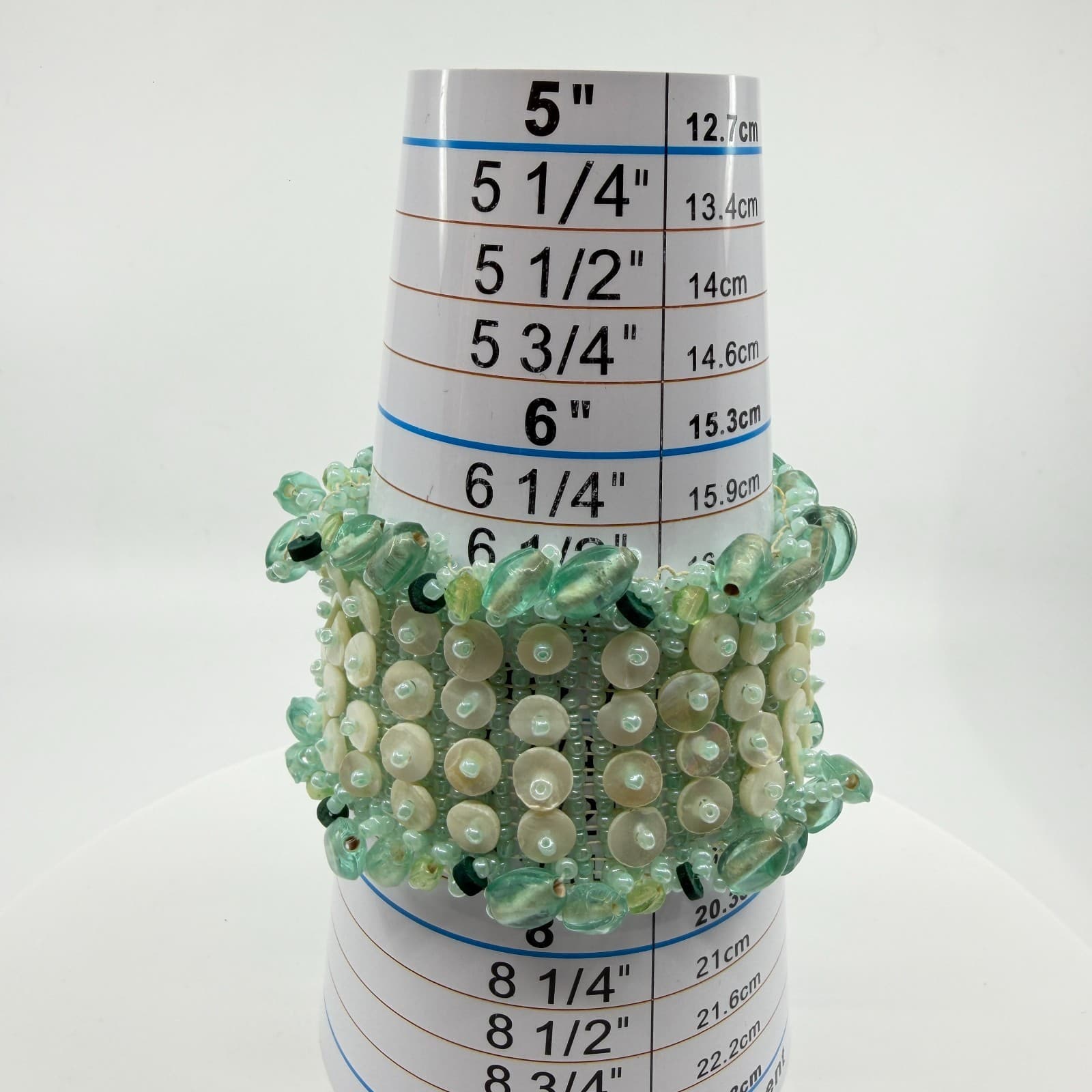 Wide Seafoam Green Beaded Cuff Bracelet with Shell Discs Statement Boho Style - Thumbnail 8