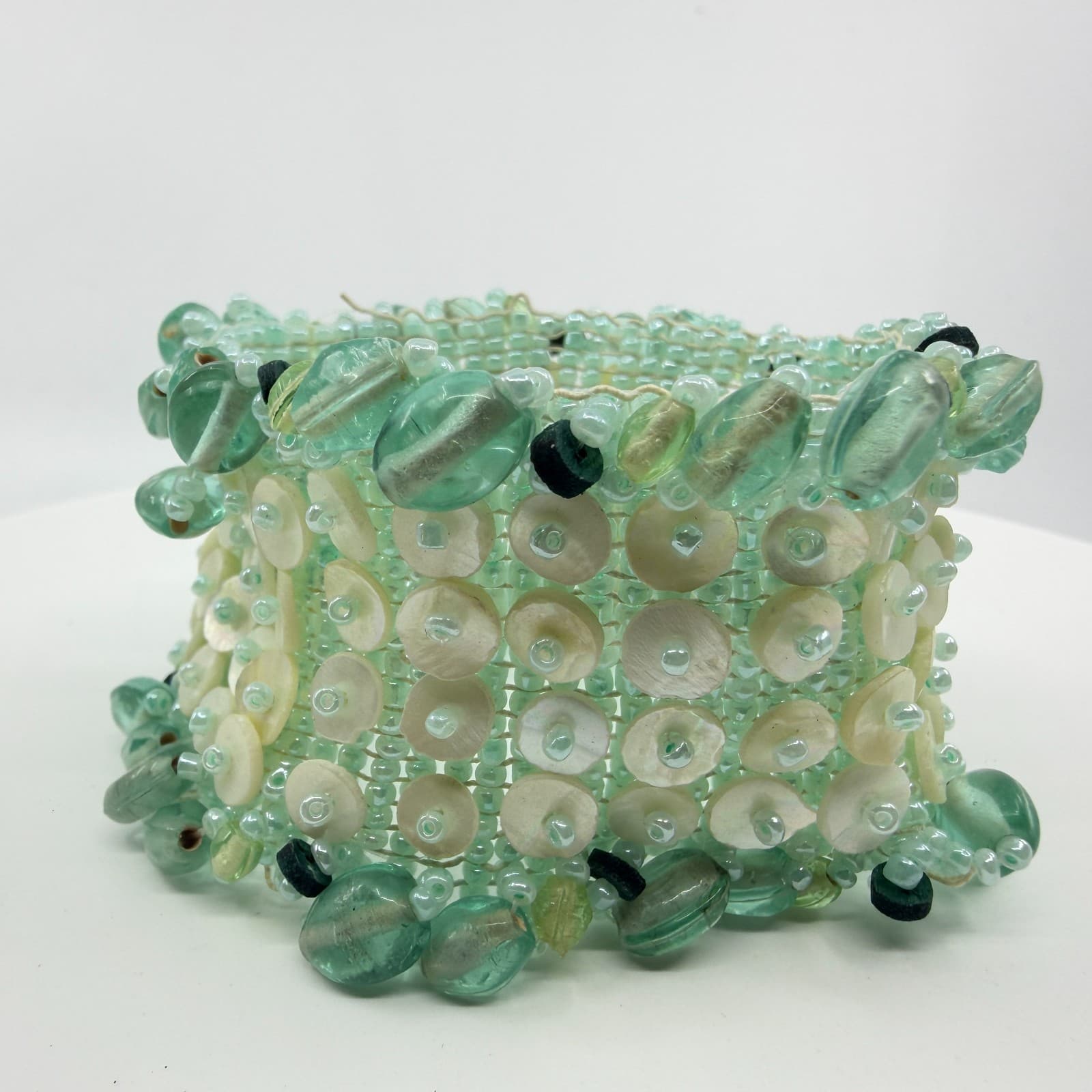 Wide Seafoam Green Beaded Cuff Bracelet with Shell Discs Statement Boho Style - Thumbnail 2