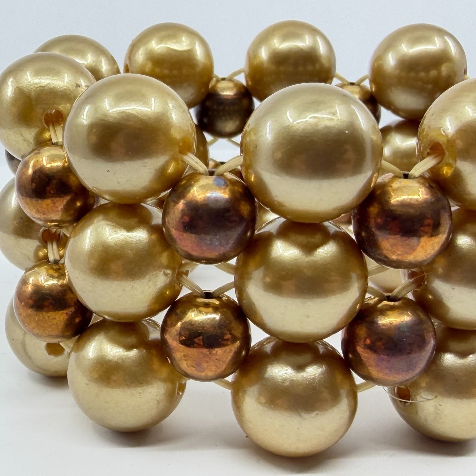 Chunky Gold Tone Bead Stretch Bracelet Metallic Boho Layering Stackable Jewelry - Thumbnail 3