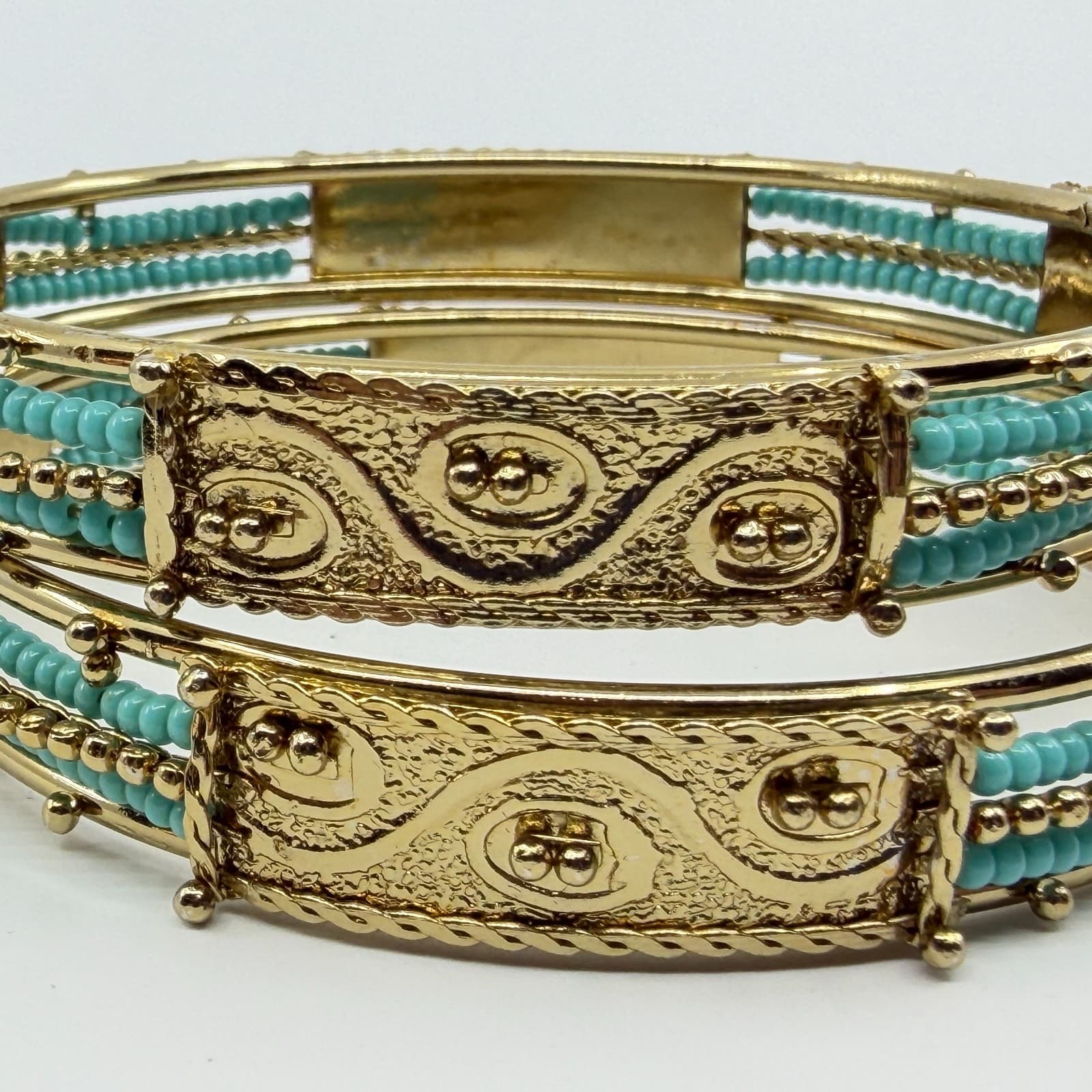 Ornate Gold Tone Filigree Bangle Bracelet Set with Teal Bead Detail Statement - Thumbnail 5