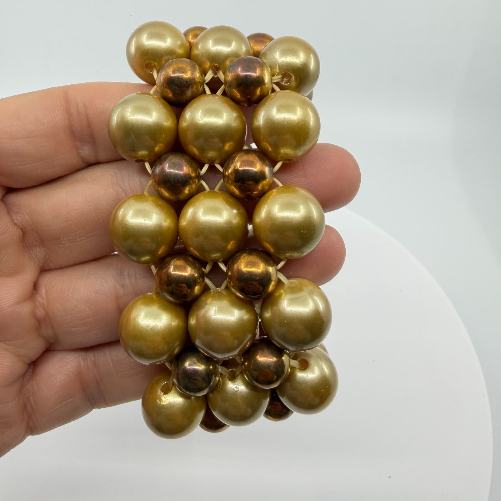 Chunky Gold Tone Bead Stretch Bracelet Metallic Boho Layering Stackable Jewelry - Thumbnail 5