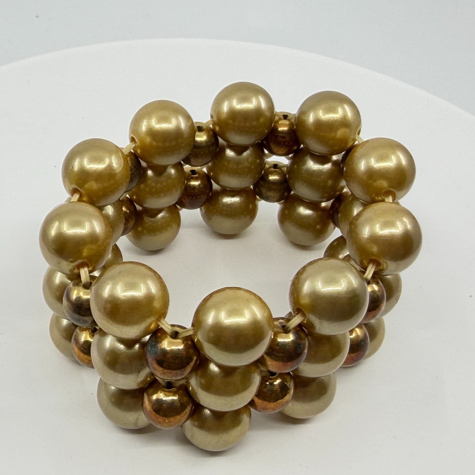 Chunky Gold Tone Bead Stretch Bracelet Metallic Boho Layering Stackable Jewelry - Thumbnail 4