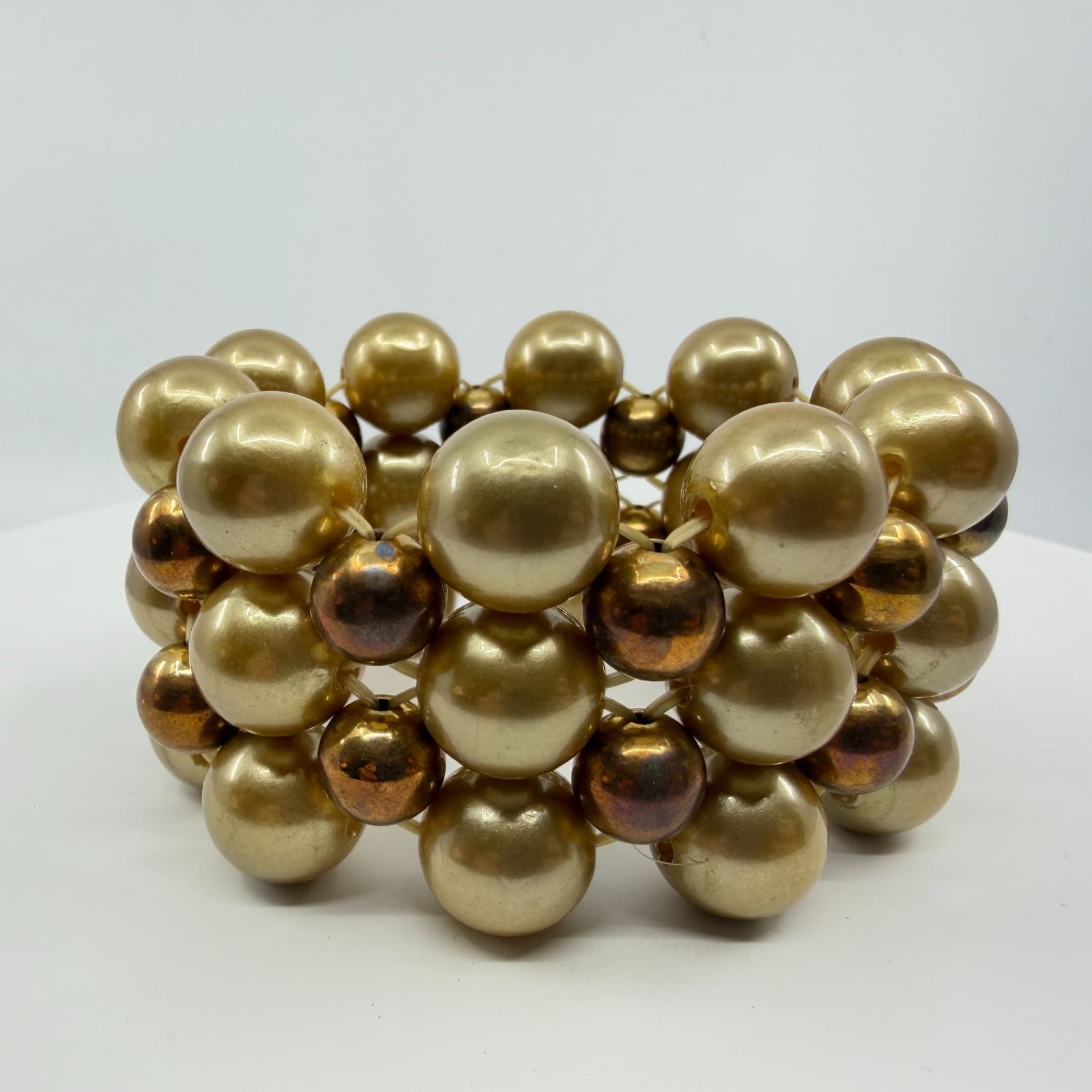 Chunky Gold Tone Bead Stretch Bracelet Metallic Boho Layering Stackable Jewelry - Thumbnail 2