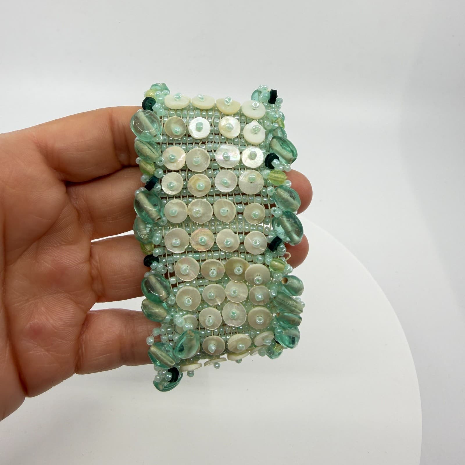 Wide Seafoam Green Beaded Cuff Bracelet with Shell Discs Statement Boho Style - Thumbnail 7