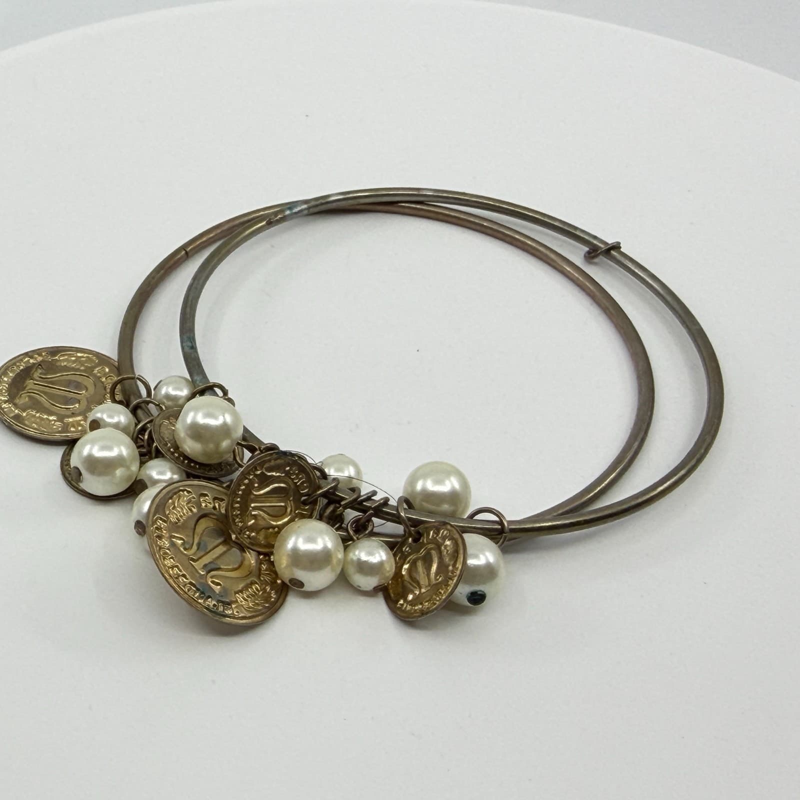 Vintage Inspired Coin and Pearl Charm Bracelet Boho Statement Layering Jewelry - Thumbnail 8