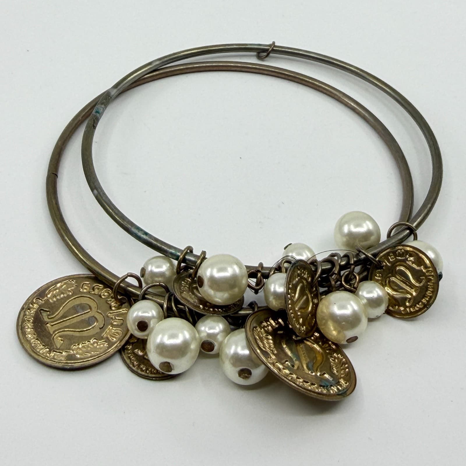 Vintage Inspired Coin and Pearl Charm Bracelet Boho Statement Layering Jewelry - Thumbnail 3
