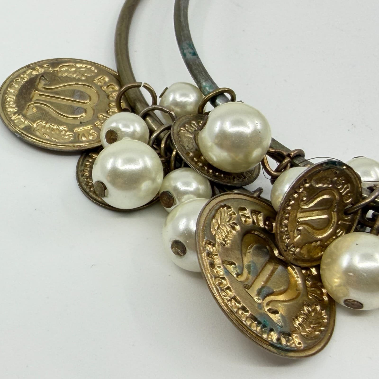 Vintage Inspired Coin and Pearl Charm Bracelet Boho Statement Layering Jewelry - Thumbnail 9