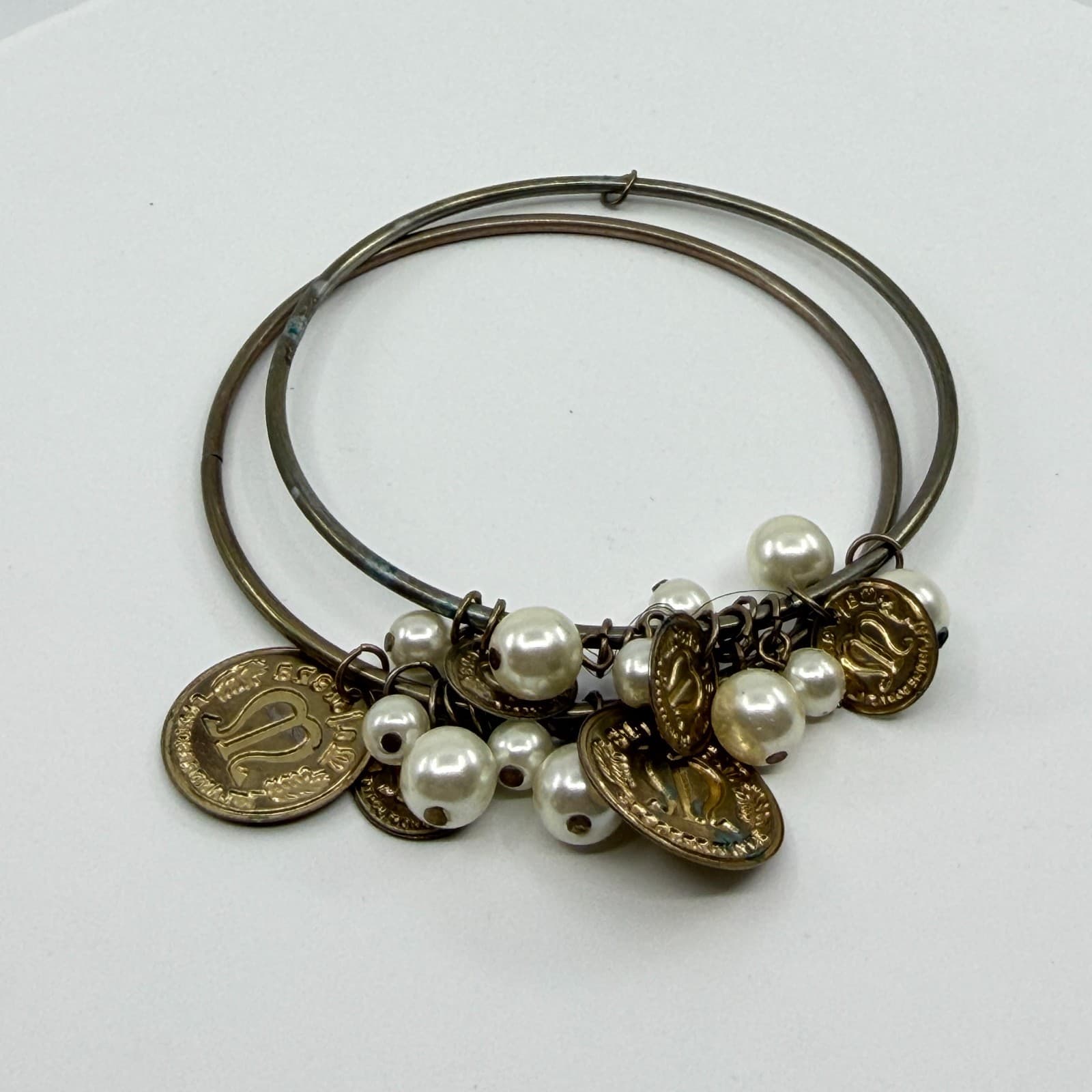 Vintage Inspired Coin and Pearl Charm Bracelet Boho Statement Layering Jewelry - Thumbnail 4