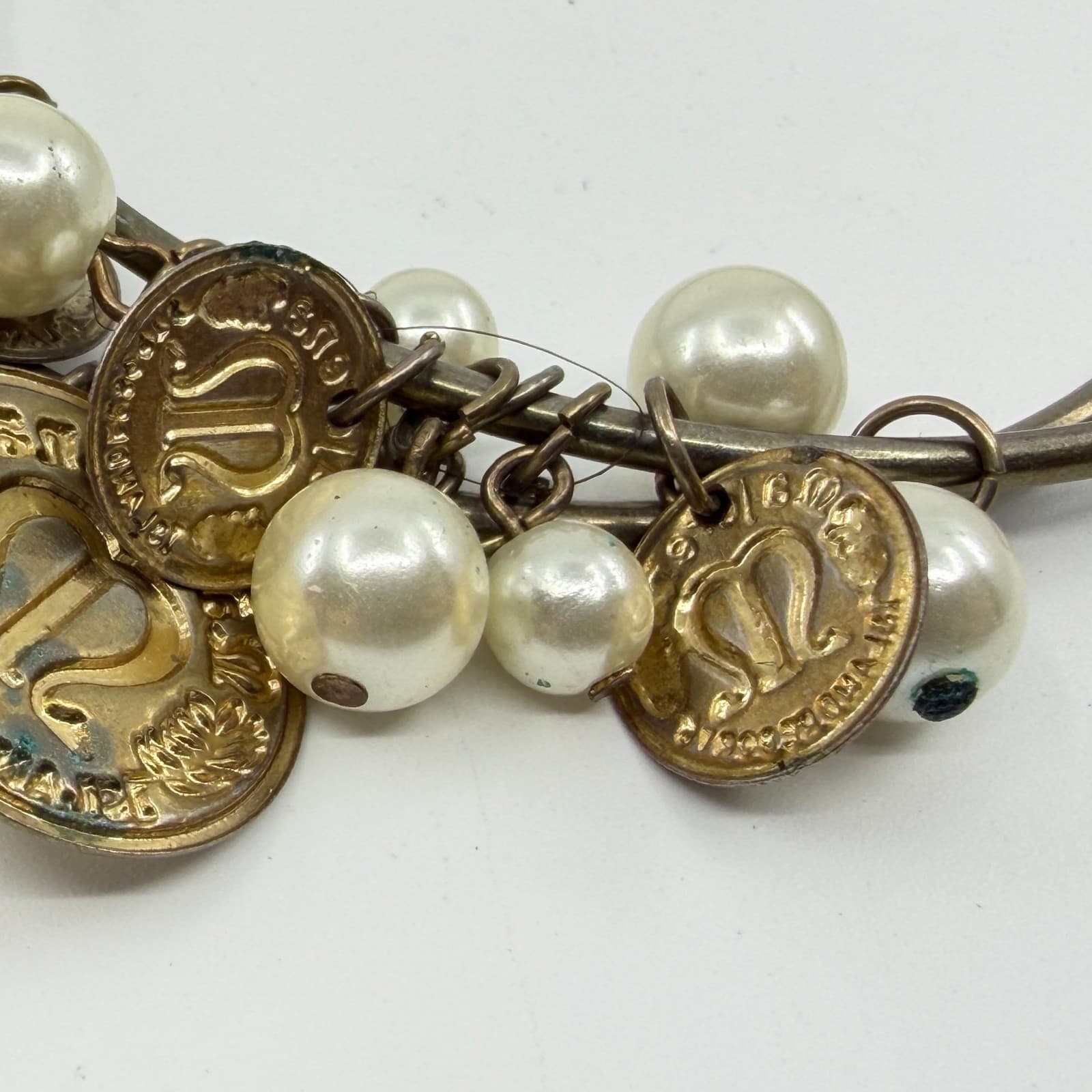 Vintage Inspired Coin and Pearl Charm Bracelet Boho Statement Layering Jewelry - Thumbnail 10