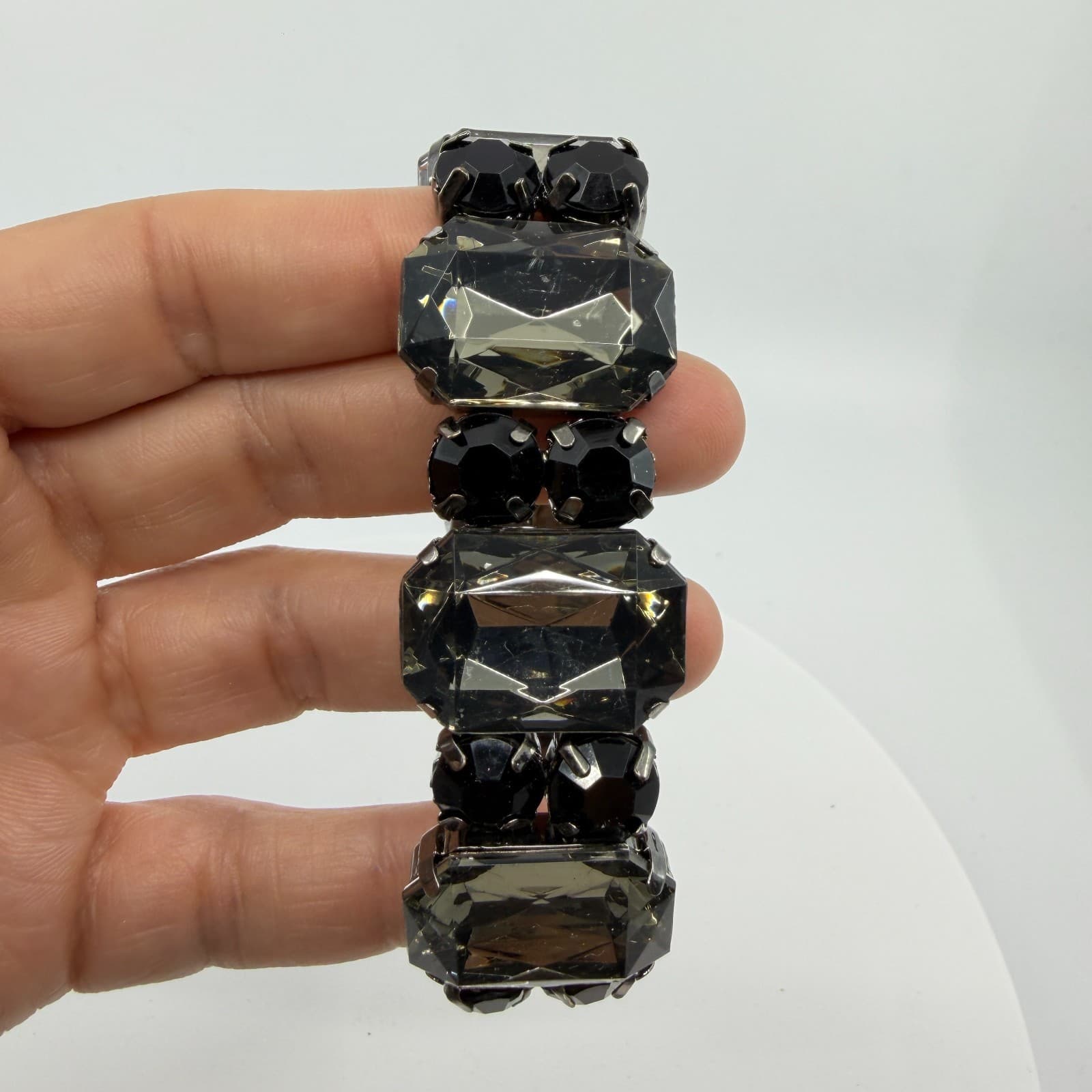Gothic Statement Black and Gray Crystal Stretch Bracelet Chunky Festival Jewelry - Thumbnail 7