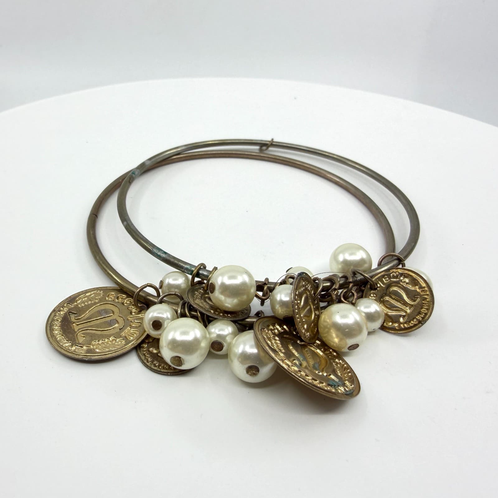 Vintage Inspired Coin and Pearl Charm Bracelet Boho Statement Layering Jewelry - Thumbnail 2