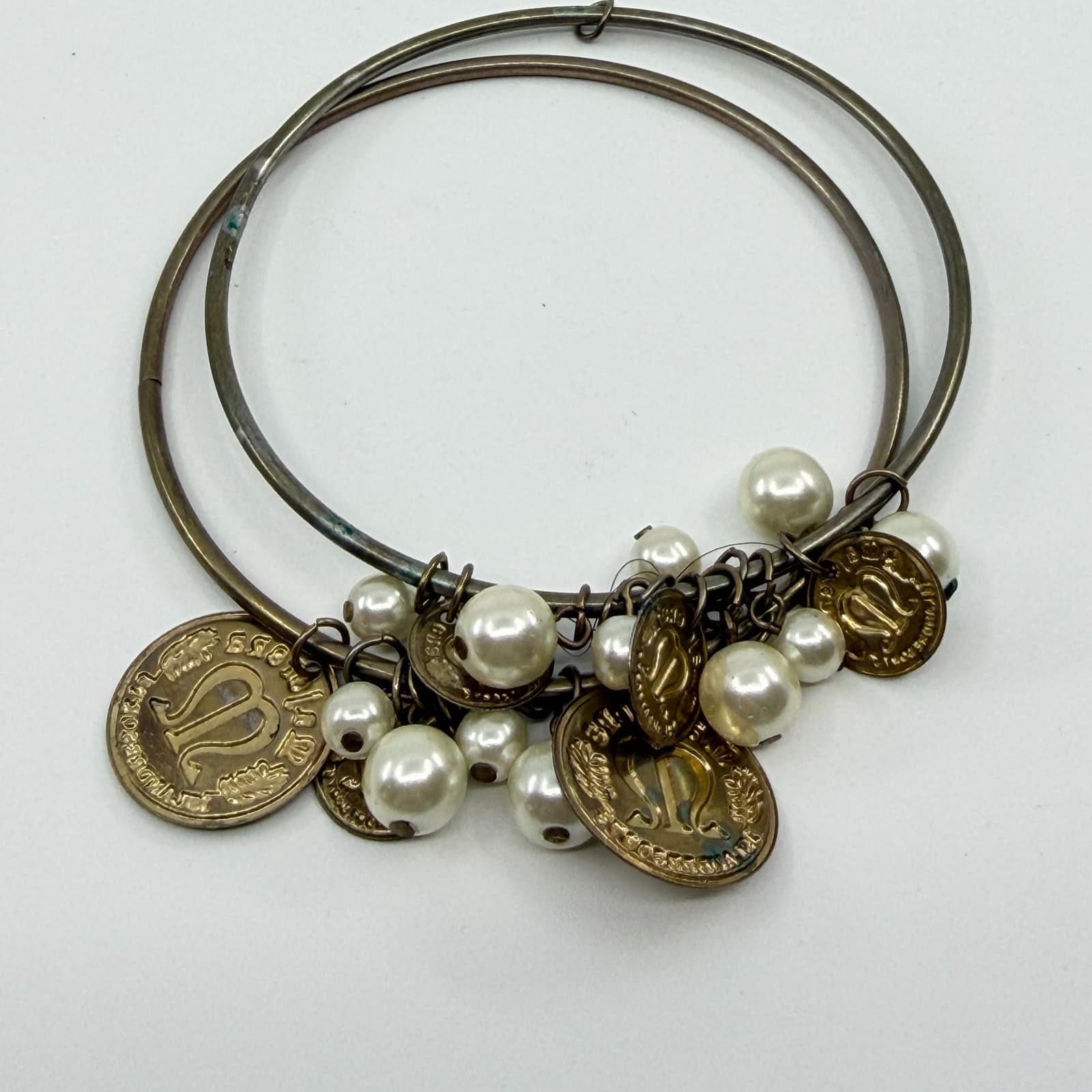 Vintage Inspired Coin and Pearl Charm Bracelet Boho Statement Layering Jewelry - Thumbnail 5
