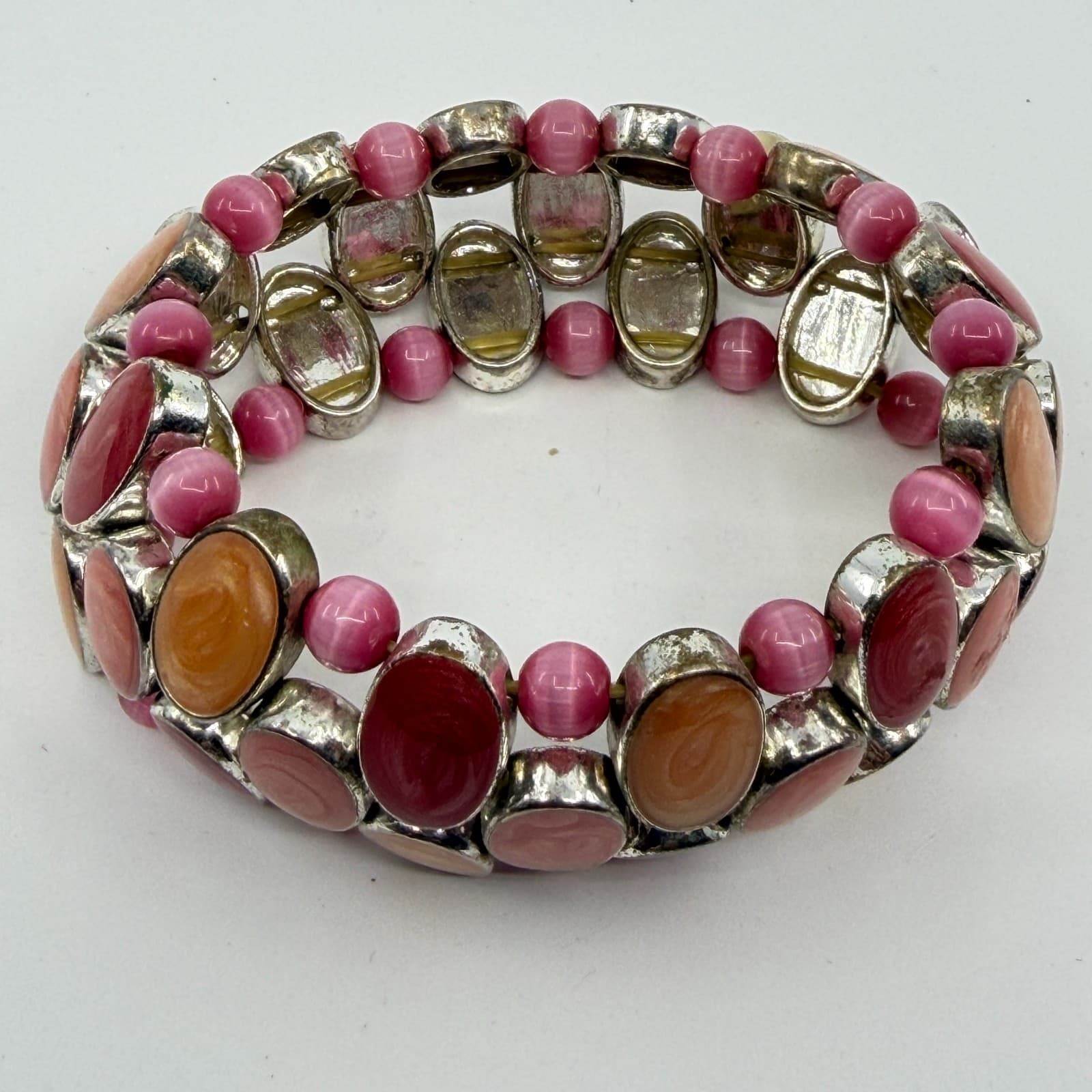 Pink and Orange Swirl Cabochon Stretch Bracelet Chunky Festival Boho Statement - Thumbnail 3