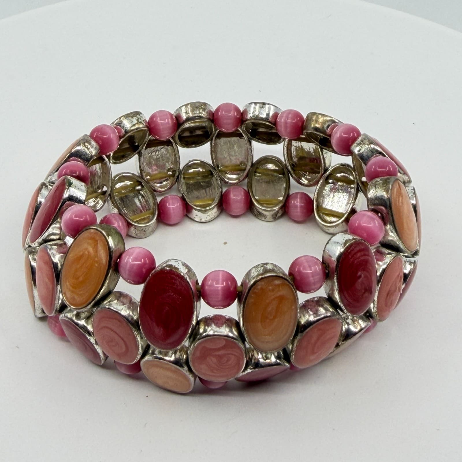 Pink and Orange Swirl Cabochon Stretch Bracelet Chunky Festival Boho Statement - Thumbnail 2
