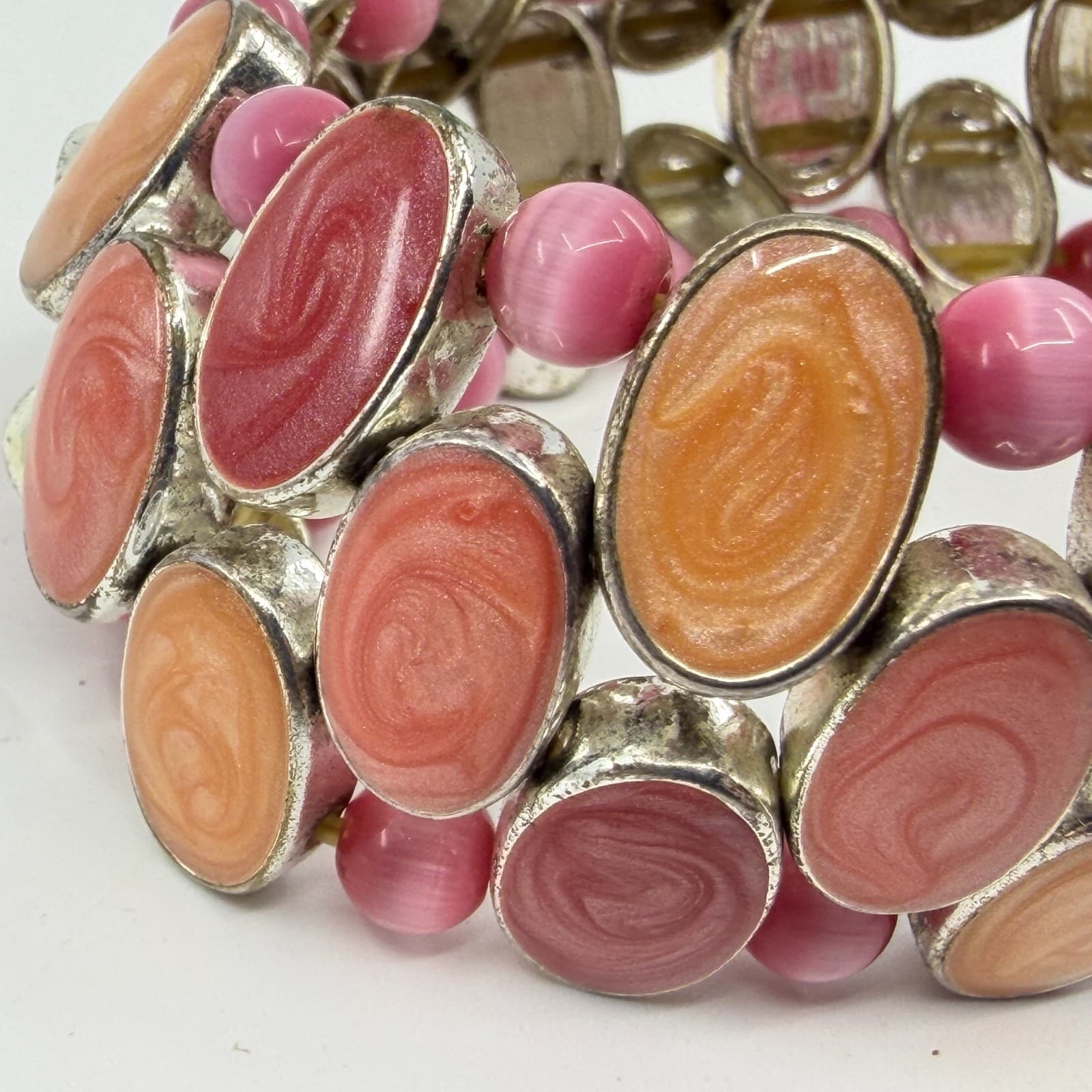 Pink and Orange Swirl Cabochon Stretch Bracelet Chunky Festival Boho Statement - Thumbnail 6