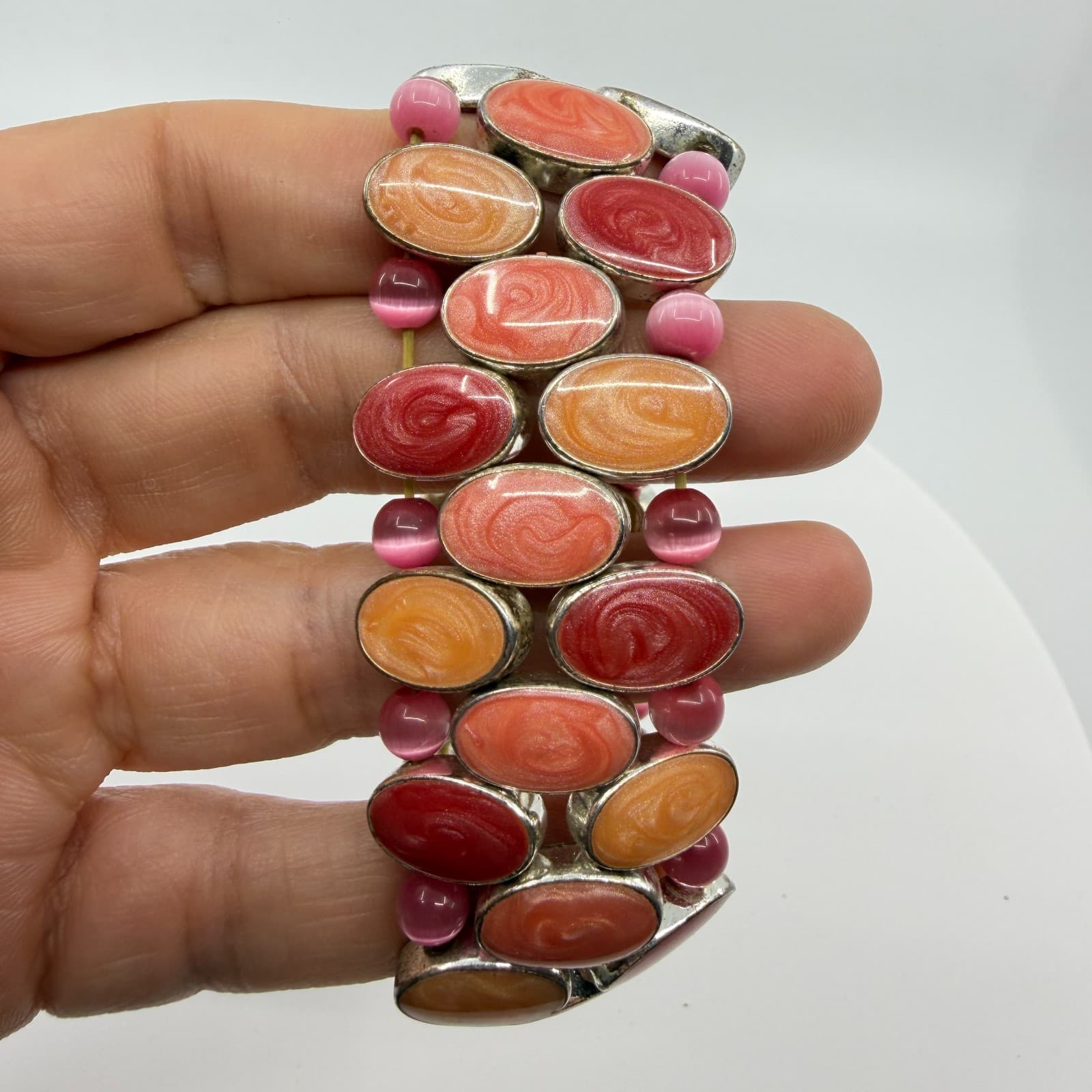Pink and Orange Swirl Cabochon Stretch Bracelet Chunky Festival Boho Statement - Thumbnail 8