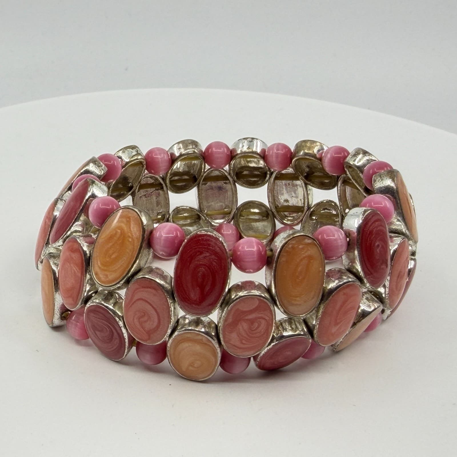 Pink and Orange Swirl Cabochon Stretch Bracelet Chunky Festival Boho Statement - Thumbnail 7
