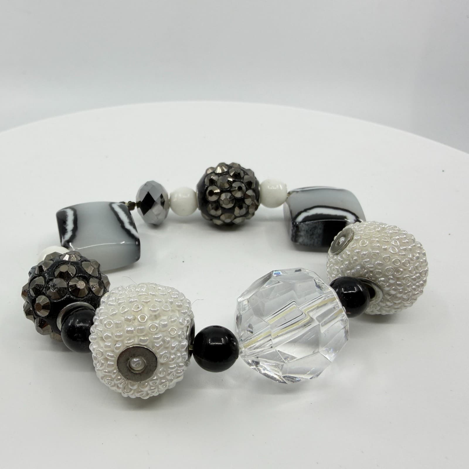 Monochrome Statement Stretch Bracelet Black White Crystal Boho Festival Jewelry - Thumbnail 2