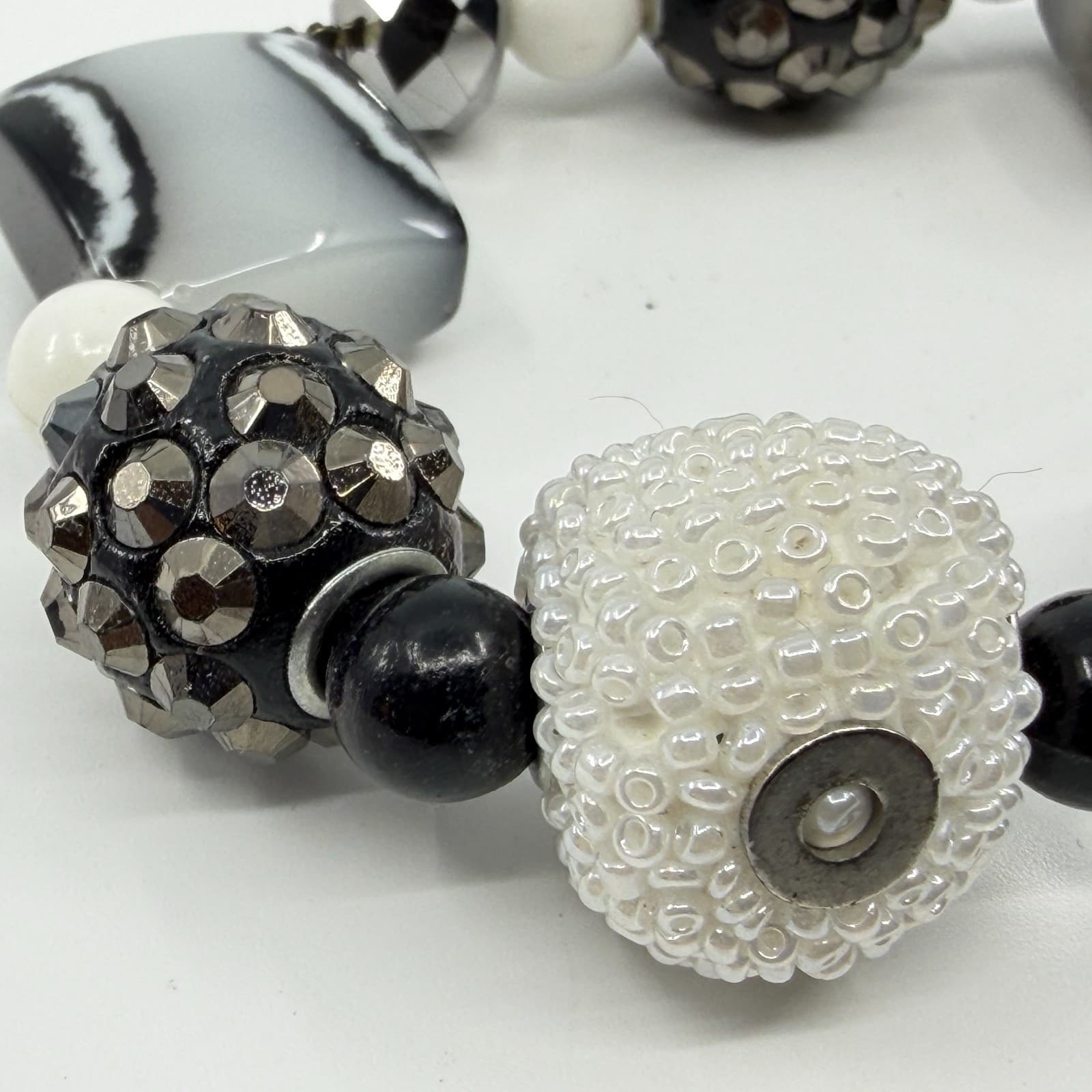 Monochrome Statement Stretch Bracelet Black White Crystal Boho Festival Jewelry - Thumbnail 4