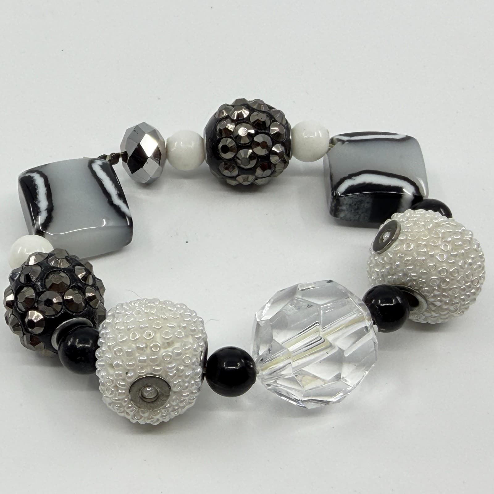 Monochrome Statement Stretch Bracelet Black White Crystal Boho Festival Jewelry - Thumbnail 3