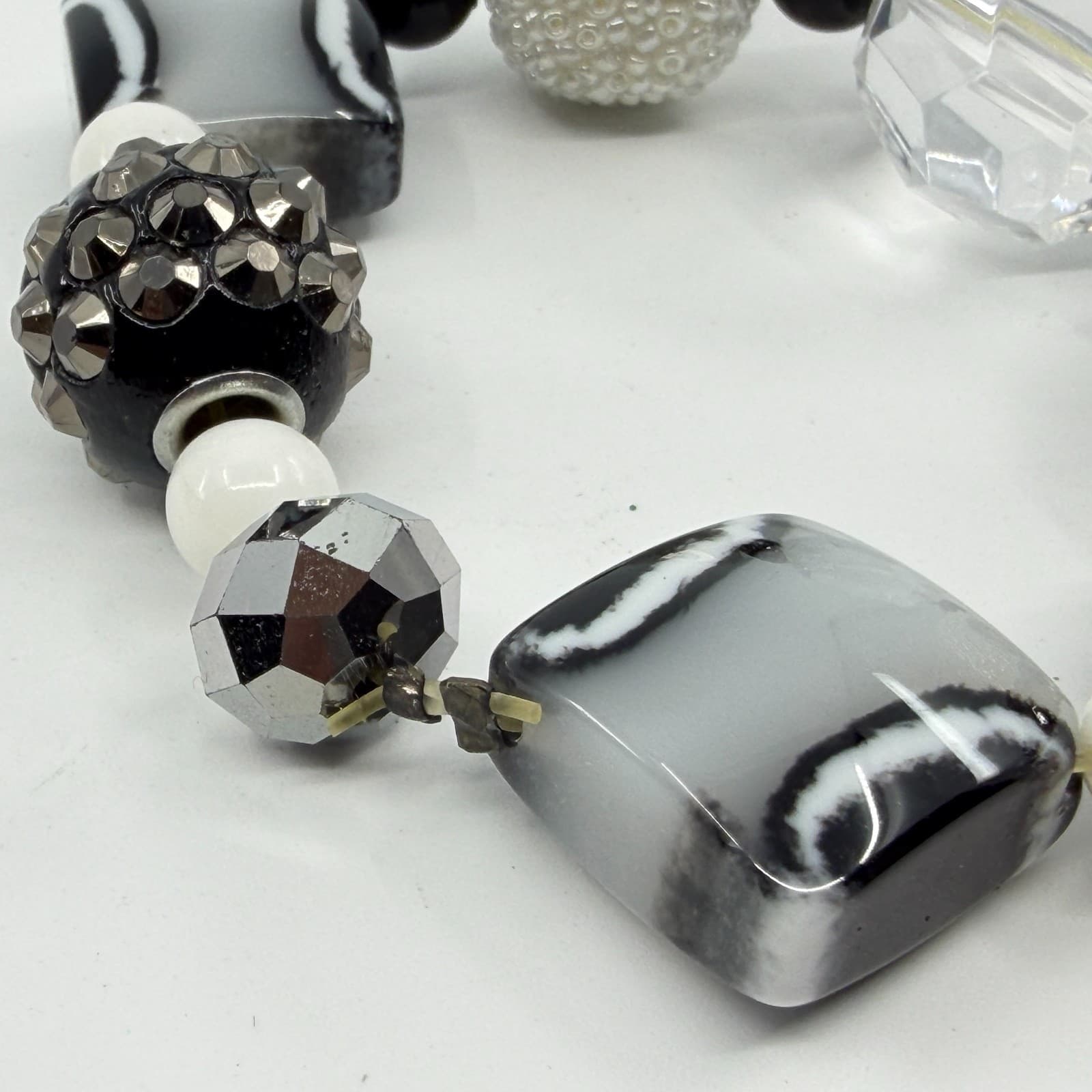 Monochrome Statement Stretch Bracelet Black White Crystal Boho Festival Jewelry - Thumbnail 6