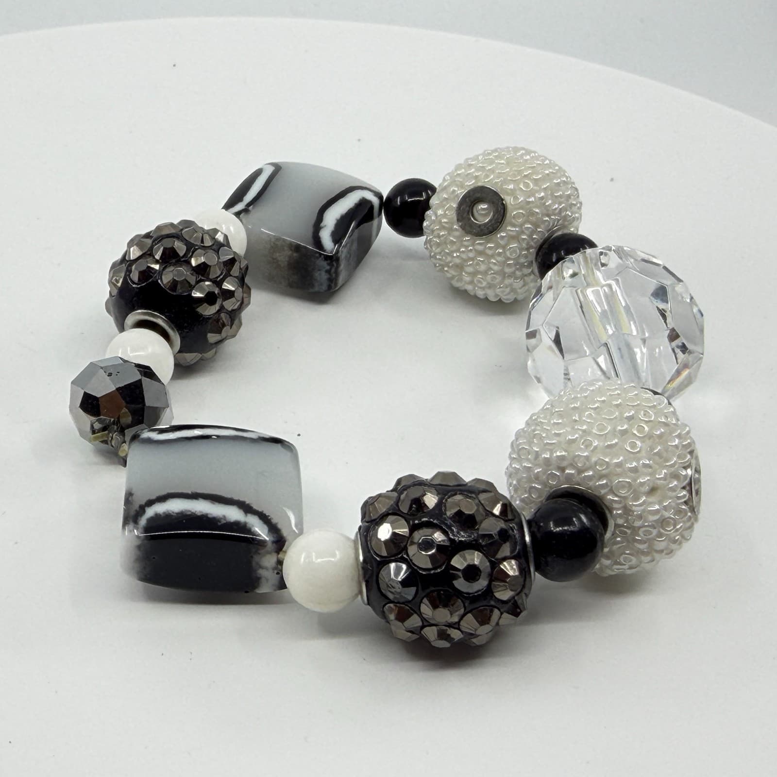 Monochrome Statement Stretch Bracelet Black White Crystal Boho Festival Jewelry - Thumbnail 5