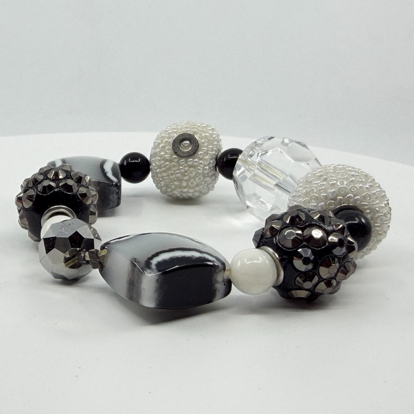 Monochrome Statement Stretch Bracelet Black White Crystal Boho Festival Jewelry - Thumbnail 7