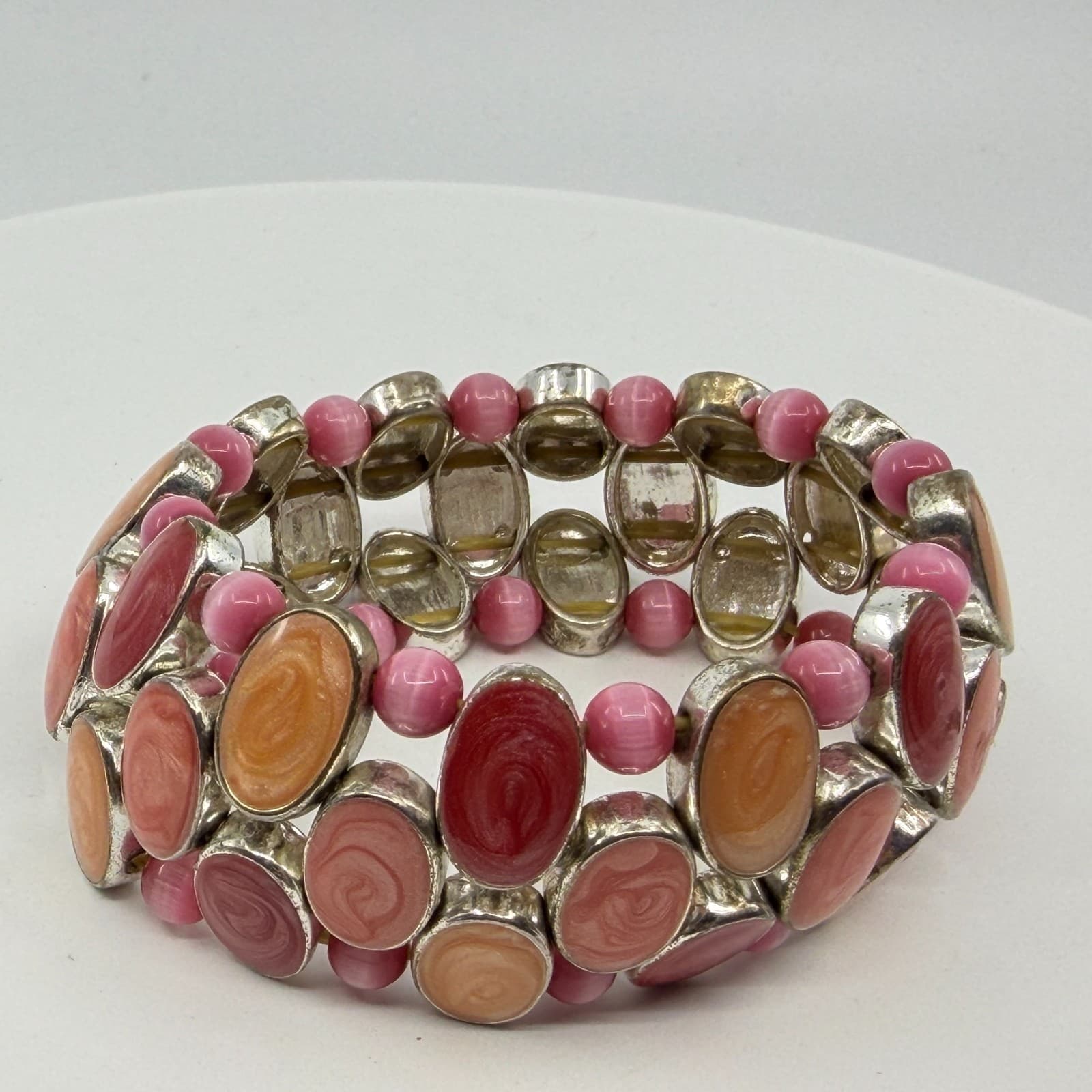 Pink and Orange Swirl Cabochon Stretch Bracelet Chunky Festival Boho Statement - Thumbnail 5