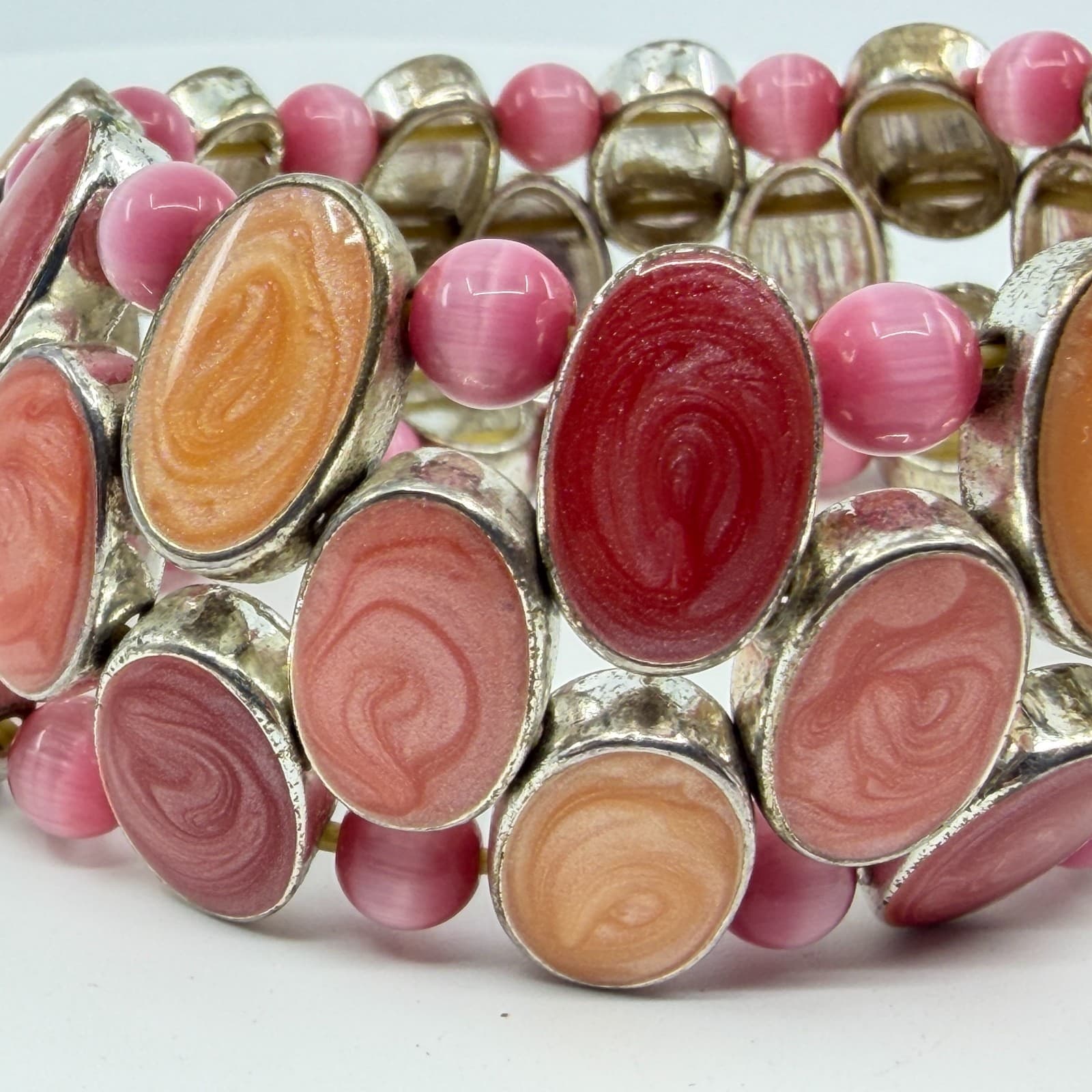 Pink and Orange Swirl Cabochon Stretch Bracelet Chunky Festival Boho Statement - Thumbnail 4