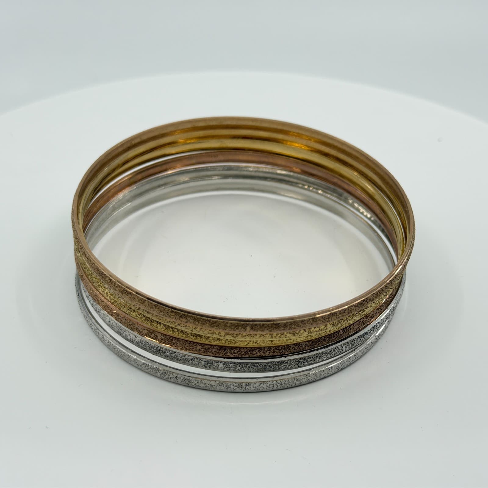 Tri-Color Glitter Textured Bangle Bracelet Set Stackable Gold & Silver Tone Gift - Thumbnail 7