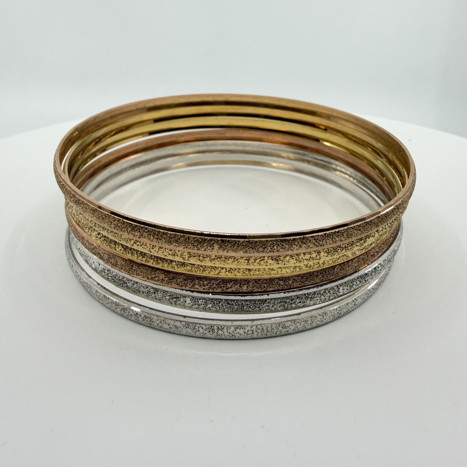 Tri-Color Glitter Textured Bangle Bracelet Set Stackable Gold & Silver Tone Gift - Thumbnail 2