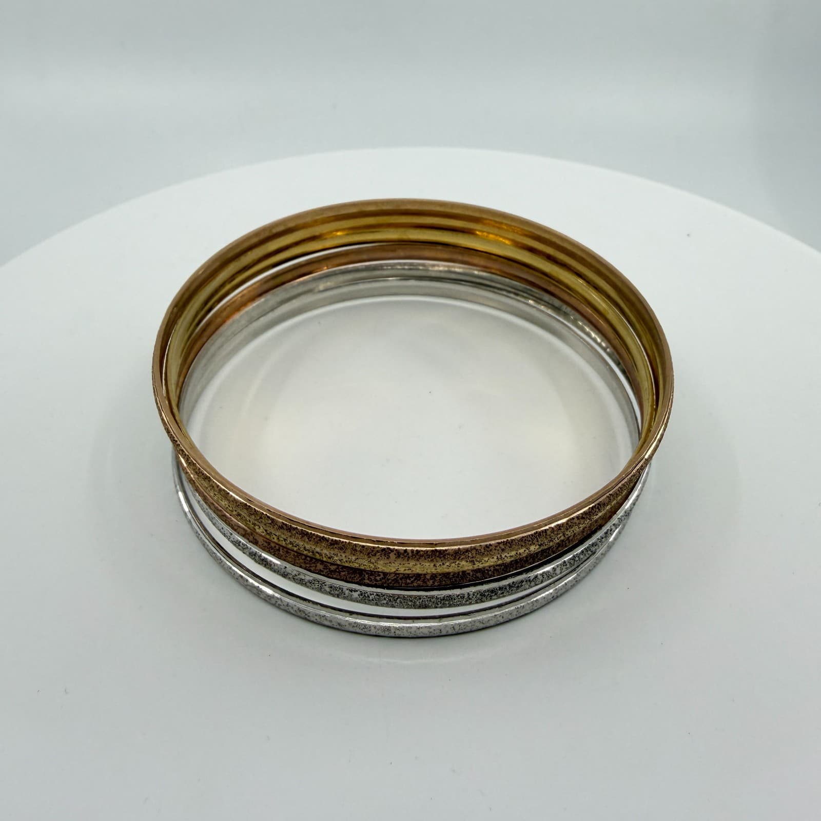 Tri-Color Glitter Textured Bangle Bracelet Set Stackable Gold & Silver Tone Gift - Thumbnail 3