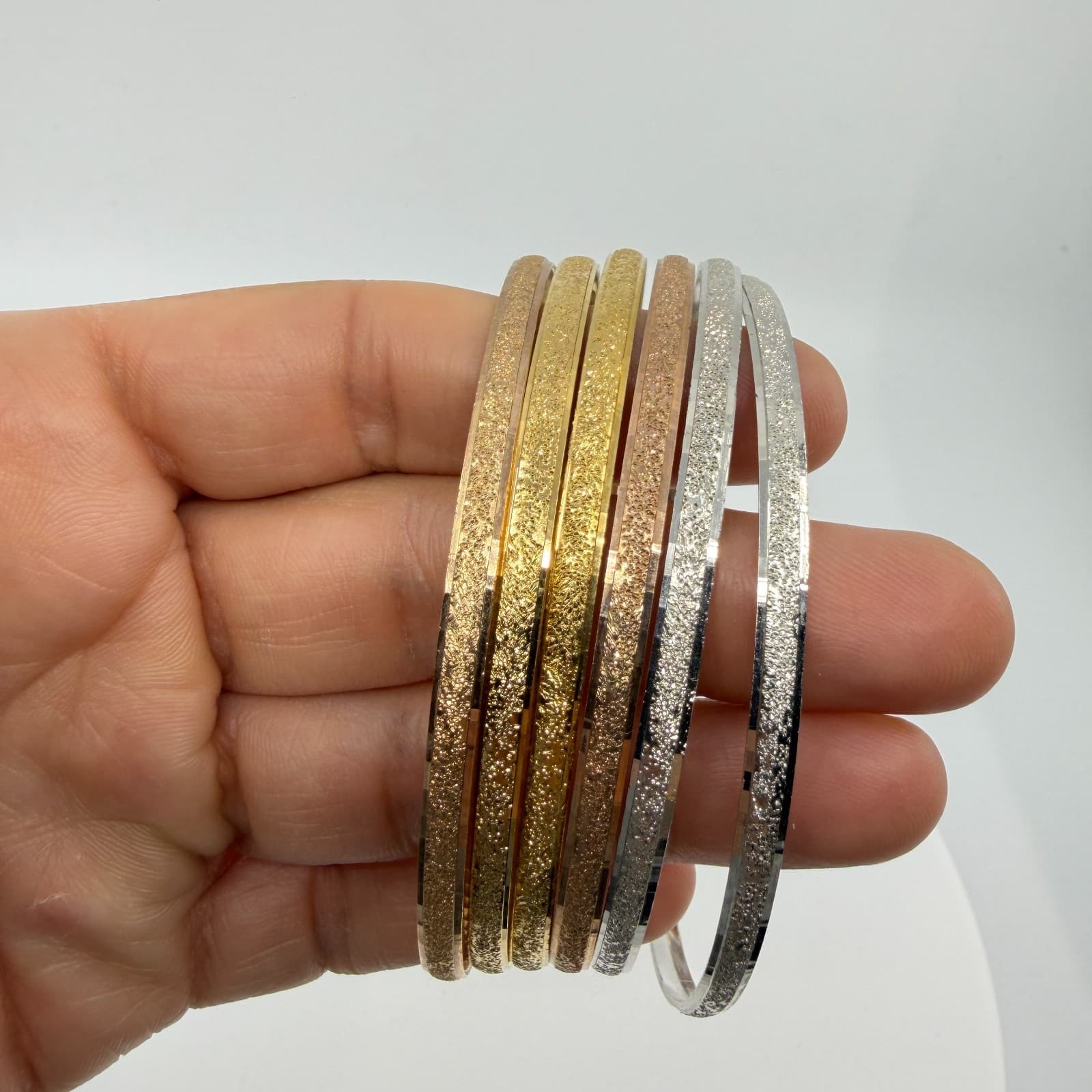 Tri-Color Glitter Textured Bangle Bracelet Set Stackable Gold & Silver Tone Gift - Thumbnail 8
